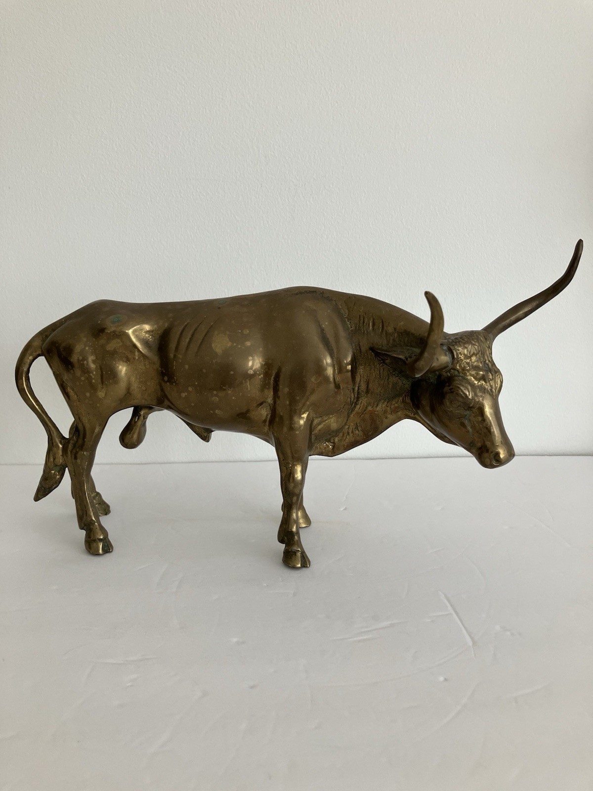 Large Vintage Mid Century Modern Solid Brass Bull Statue Sculpture Western 14” Large Vintage Mid Century Modern Solid Brass Bull Statue Sculpture Western 14”