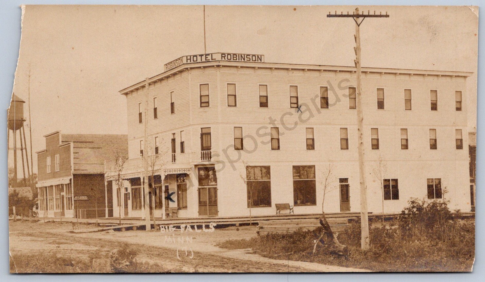 K15/ Big Falls Minnesota RPPC Postcard c1910 Hotel Robinson Stores 240