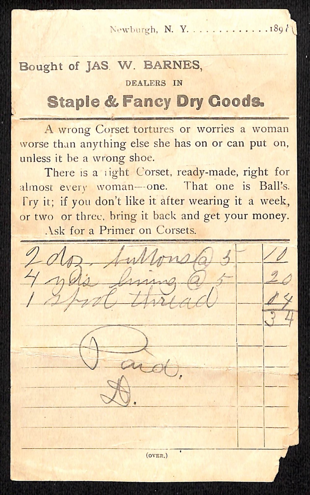 Monticello, Missouri? Jas W. Barnes Dry Goods 1891 Billhead for Buttons & Thread