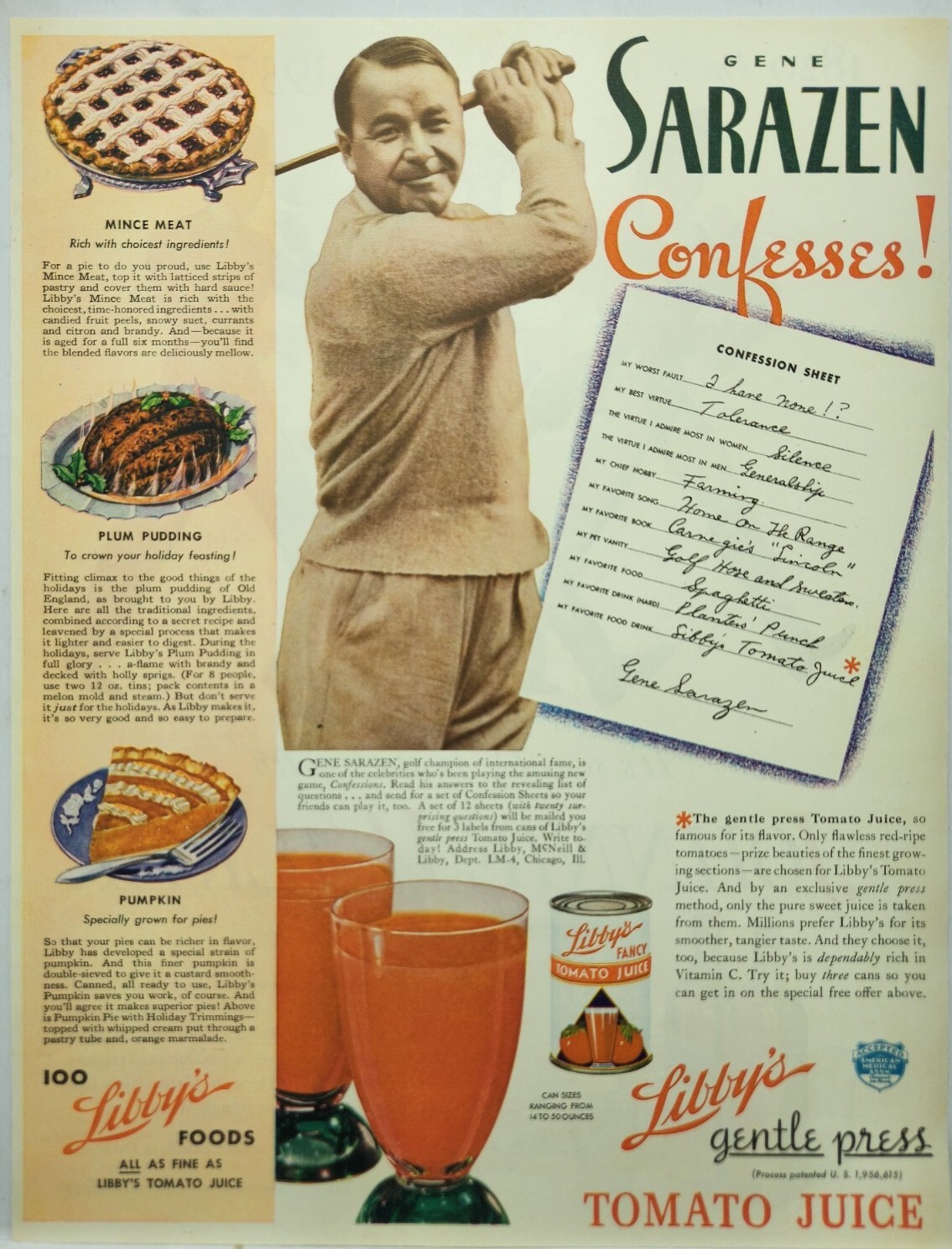 1937 Libby\'s Tomato Juice Gene Sarazen Golf Original Print Ad Life Magazine 30s