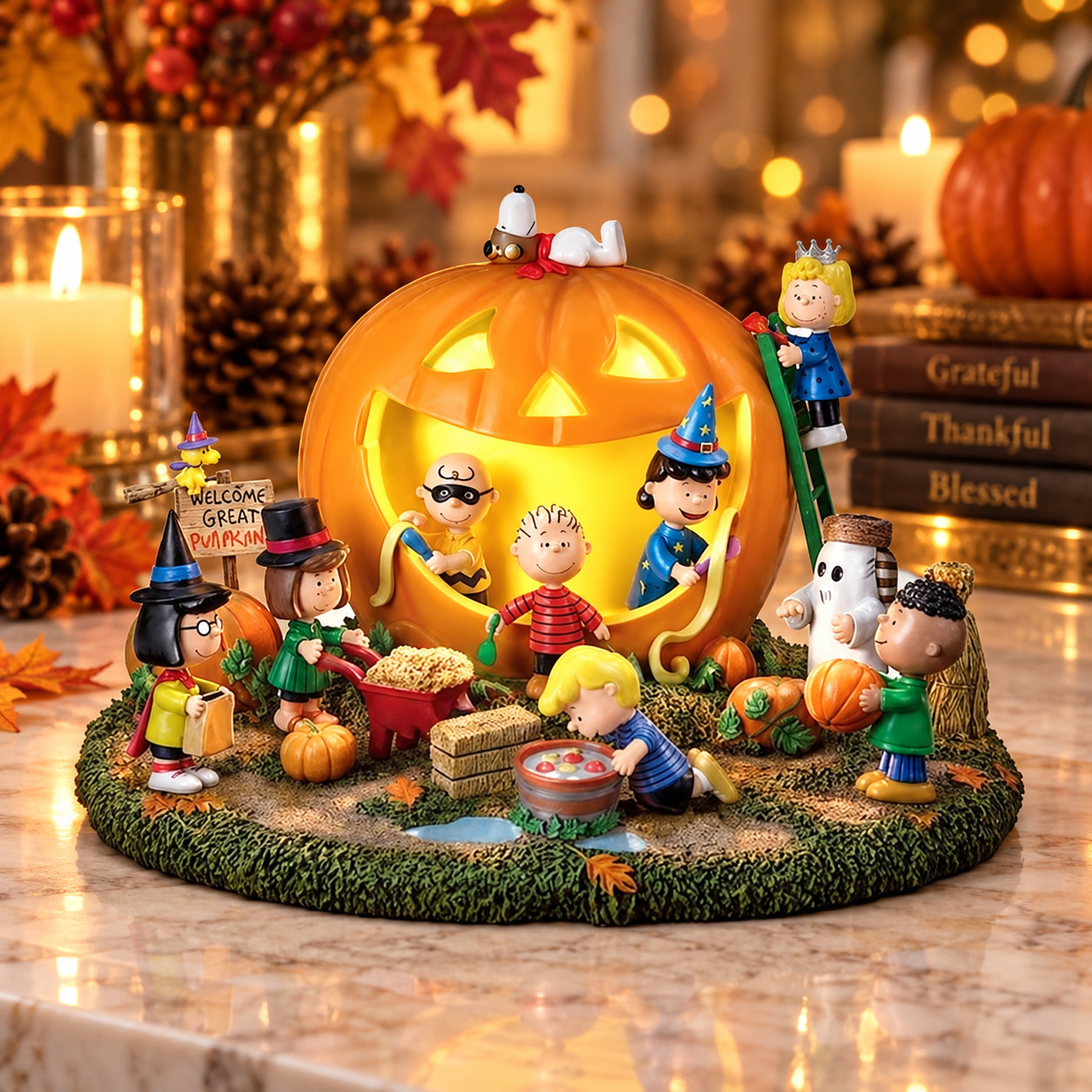 Peanuts Great Pumpkin Carving Party Lighted Halloween Figurine Decor Peanuts Great Pumpkin Carving Party Lighted Halloween Figurine Decor