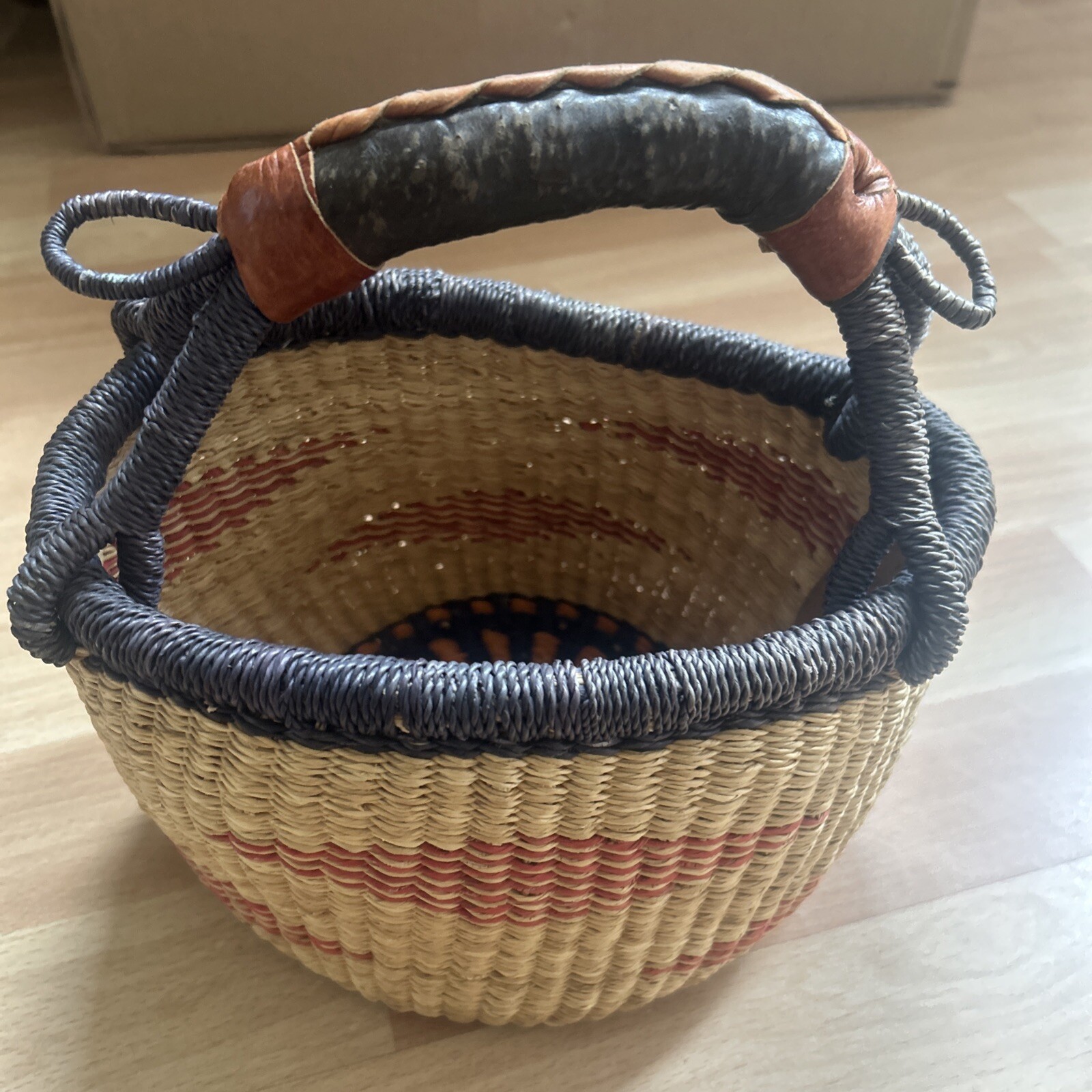 Vintage BOLGA Ghana African Handwoven Alaffia Basket Leather Wrapped Handle