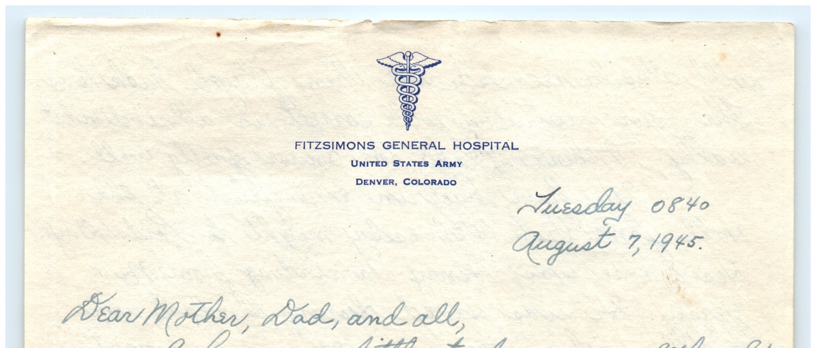 1945 WWII Fitzsimons General Hospital 4pg Letter Denver CO Army Medical Training