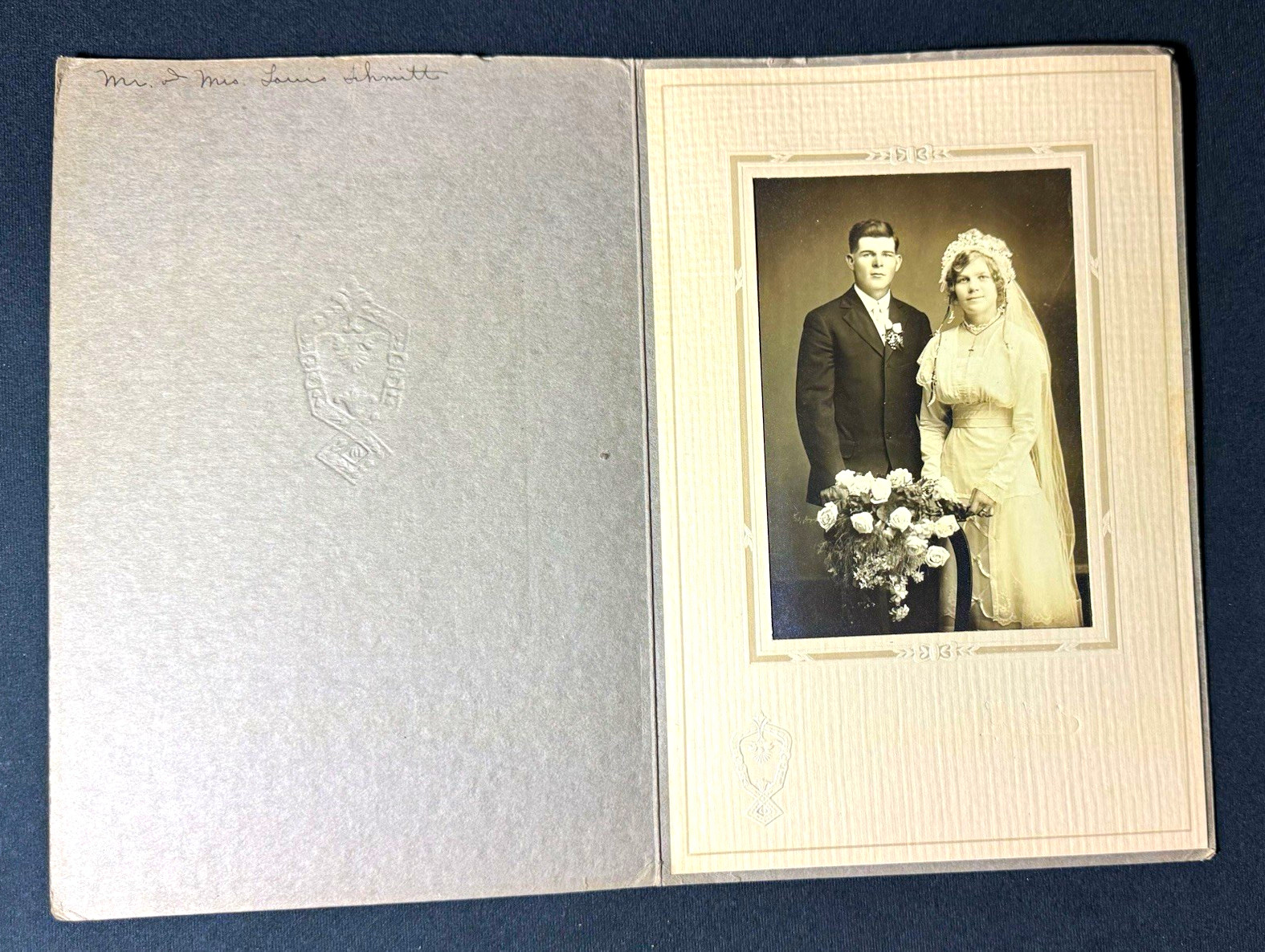 Vintage Original Black & White Wedding Couple Portrait Photo, Embossed