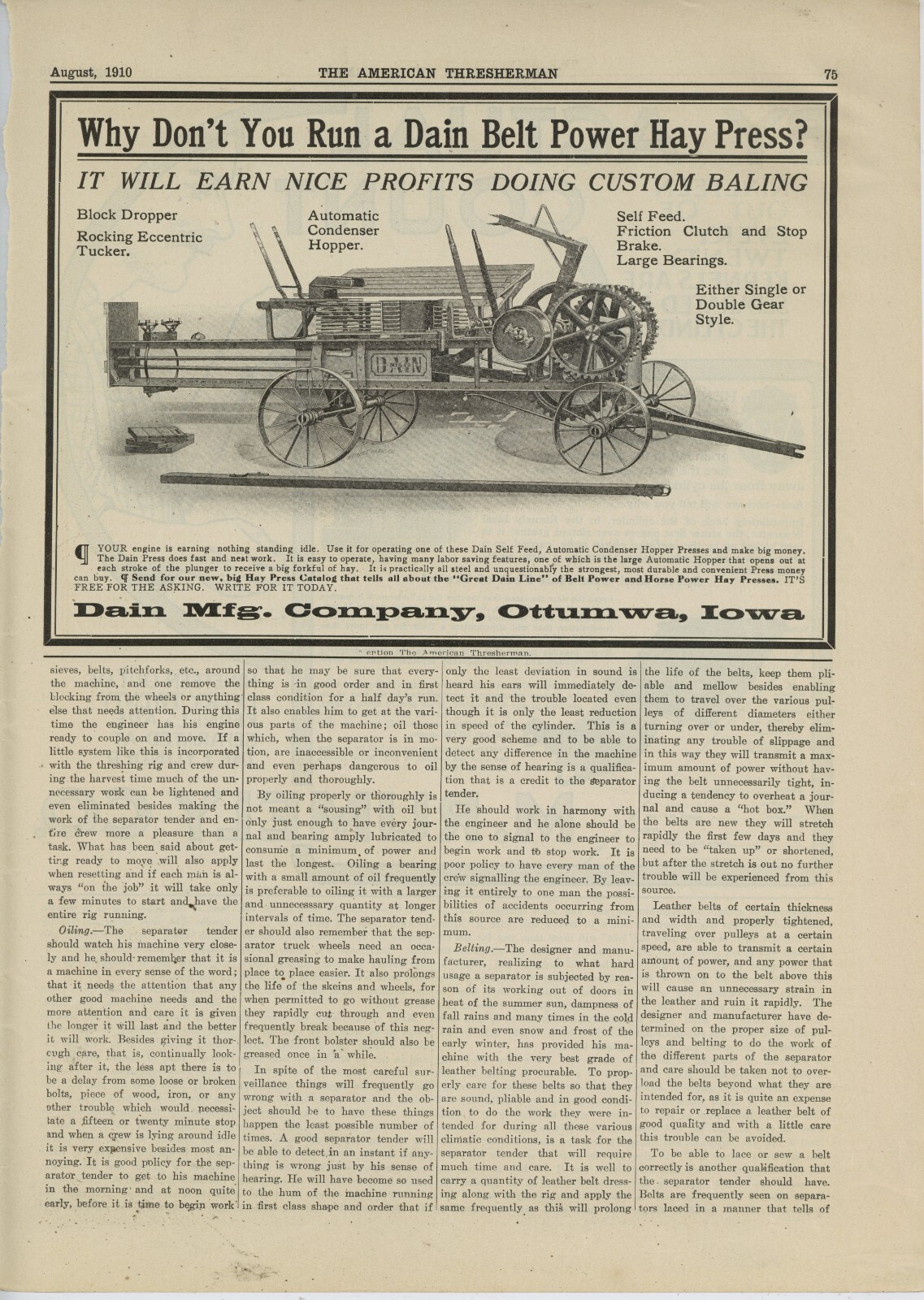 1910 Dain Mfg. Co. Ad: Belt Power Hay Press - Ottumwa, Iowa