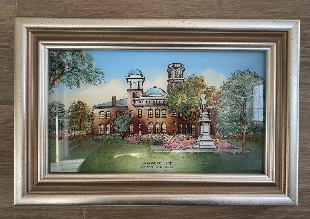 Vintage Erskine College Due West, SC Eglomise Designs Reverse Glass Painting