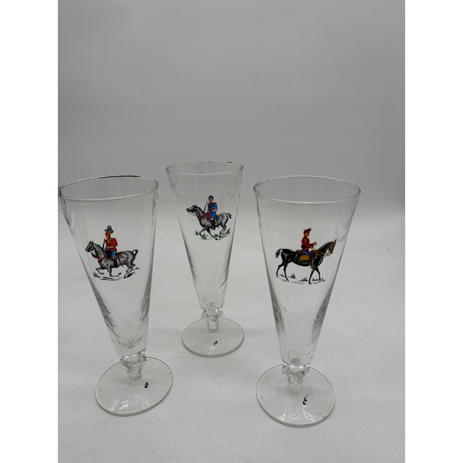 Vintage British Cavalry Soldier Pilsner Glasses Set of 3 Horseback Military Bar Vintage British Cavalry Soldier Pilsner Glasses Set of 3 Horseback Military Bar