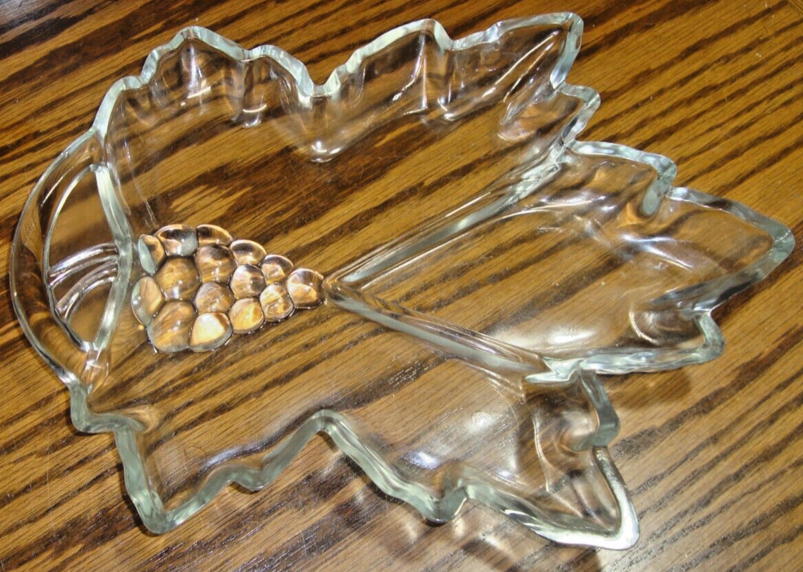 Vtg Tiara Indiana Glass Clear Grape Leaf Shape 3-Section Relish Dish Tray    Q11