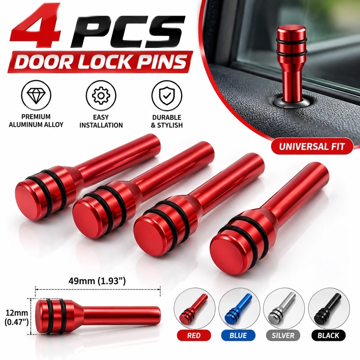 Car Door Lock Pull Pins Universal Aluminum Interior Door Knob Rods 2Pcs Red