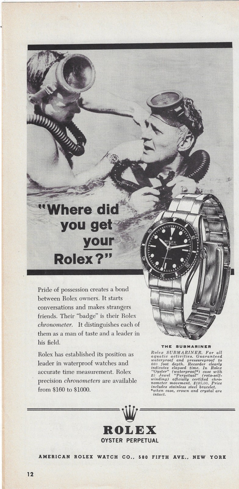 1960 Rolex Submariner Watch Where Did You Get Your Rolex Diver VINTAGE PRINT AD