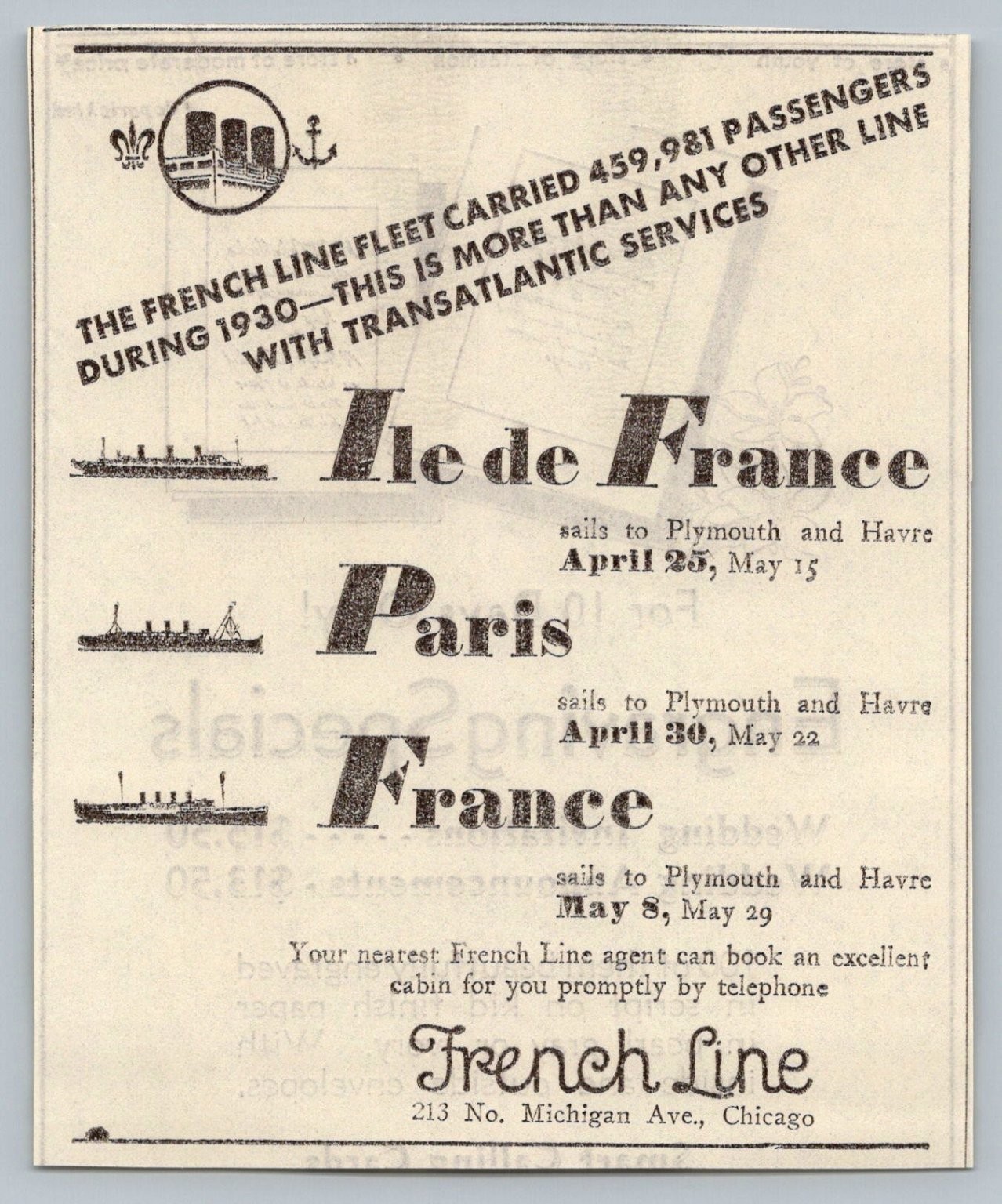 1931 French Line Ile de France Paris Ocean Liner Cruise Ship Ad Chicago