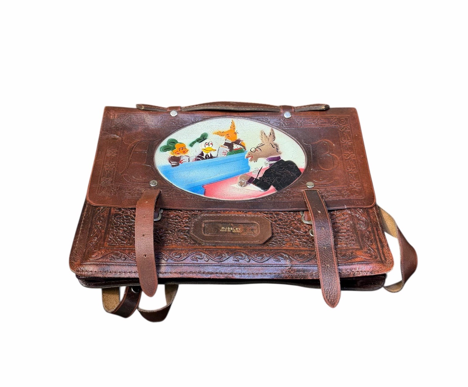 VINTAGE Rare DISNEY Characters TOOLED Brown Russley LEATHER Book Messenger BAG