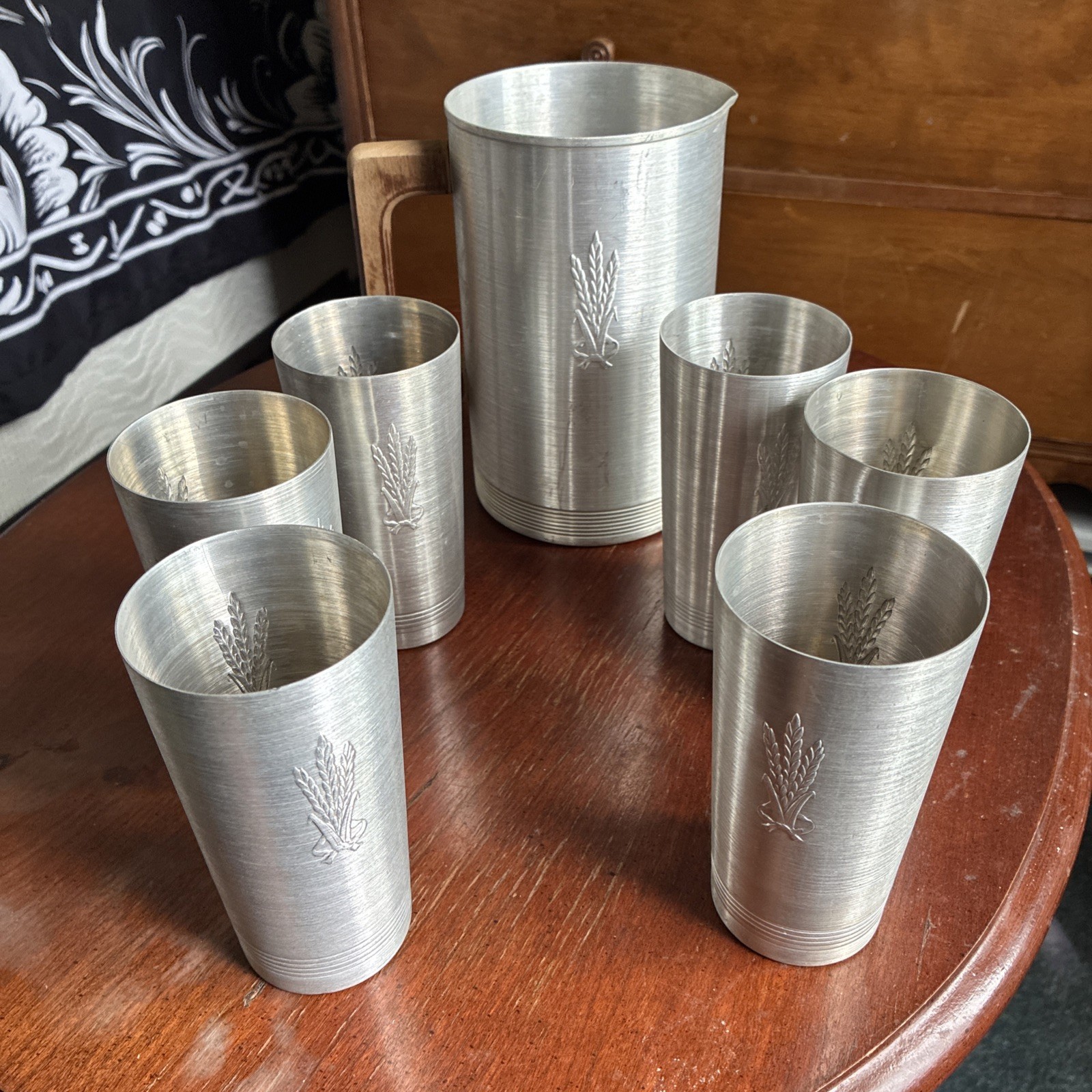 Vintage West Bend Spun Aluminum 6 Tumblers Cups & Pitcher Set w/ Wheat Design Vintage West Bend Spun Aluminum 6 Tumblers Cups & Pitcher Set w/ Wheat Design
