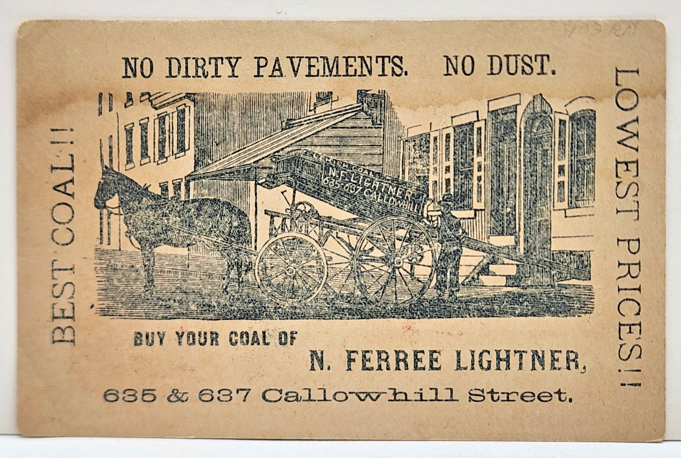 N. Ferree Lightner Coal - No Dirty Pavement Trade Card Philadelphia, PA