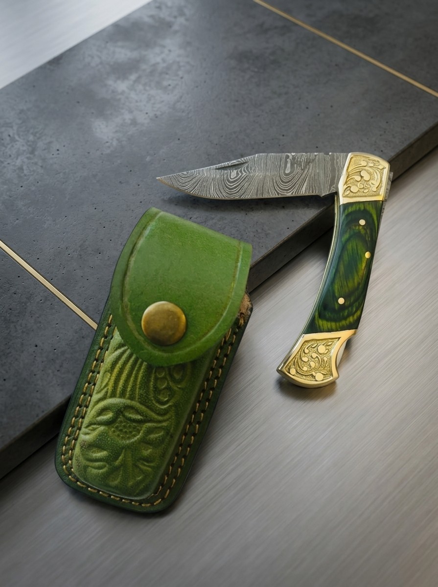 Lockback Folding Pocket Knife with Multicolor Wooden Handle & Leather Sheath