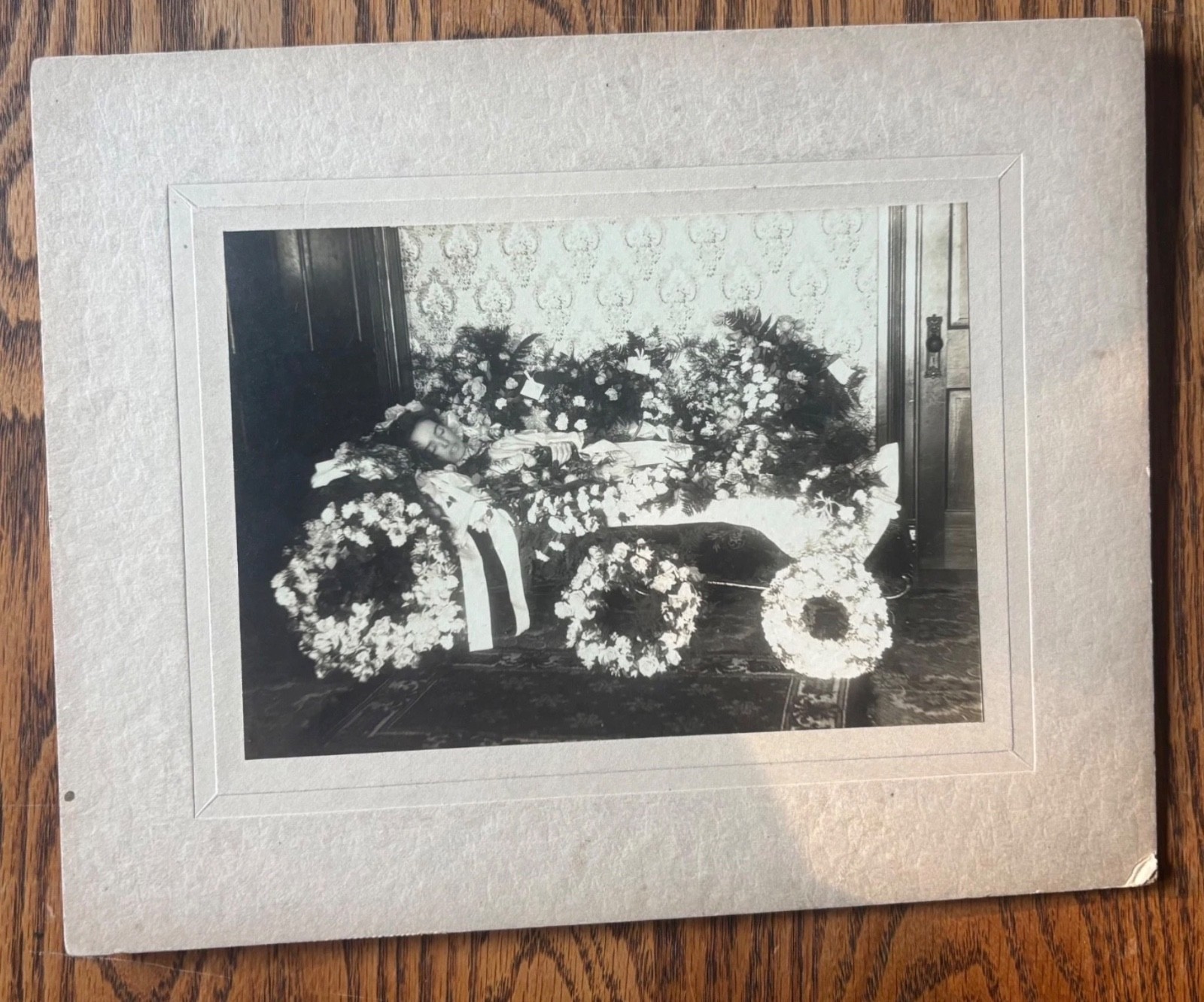 Antique Post Mortem Photo Woman Casket Floral Wreaths Victorian Mourning 1900s