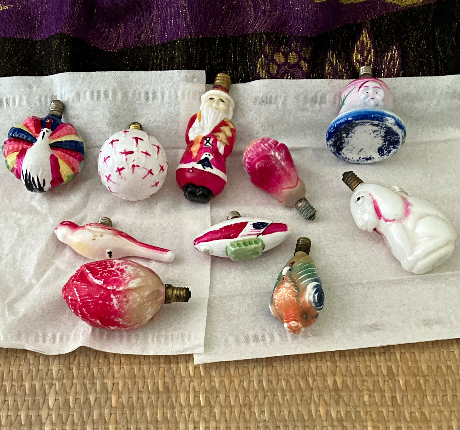 Vintage Lot of 10 Hand-Painted Figural Glass Christmas Bulbs Santa Bird Dog