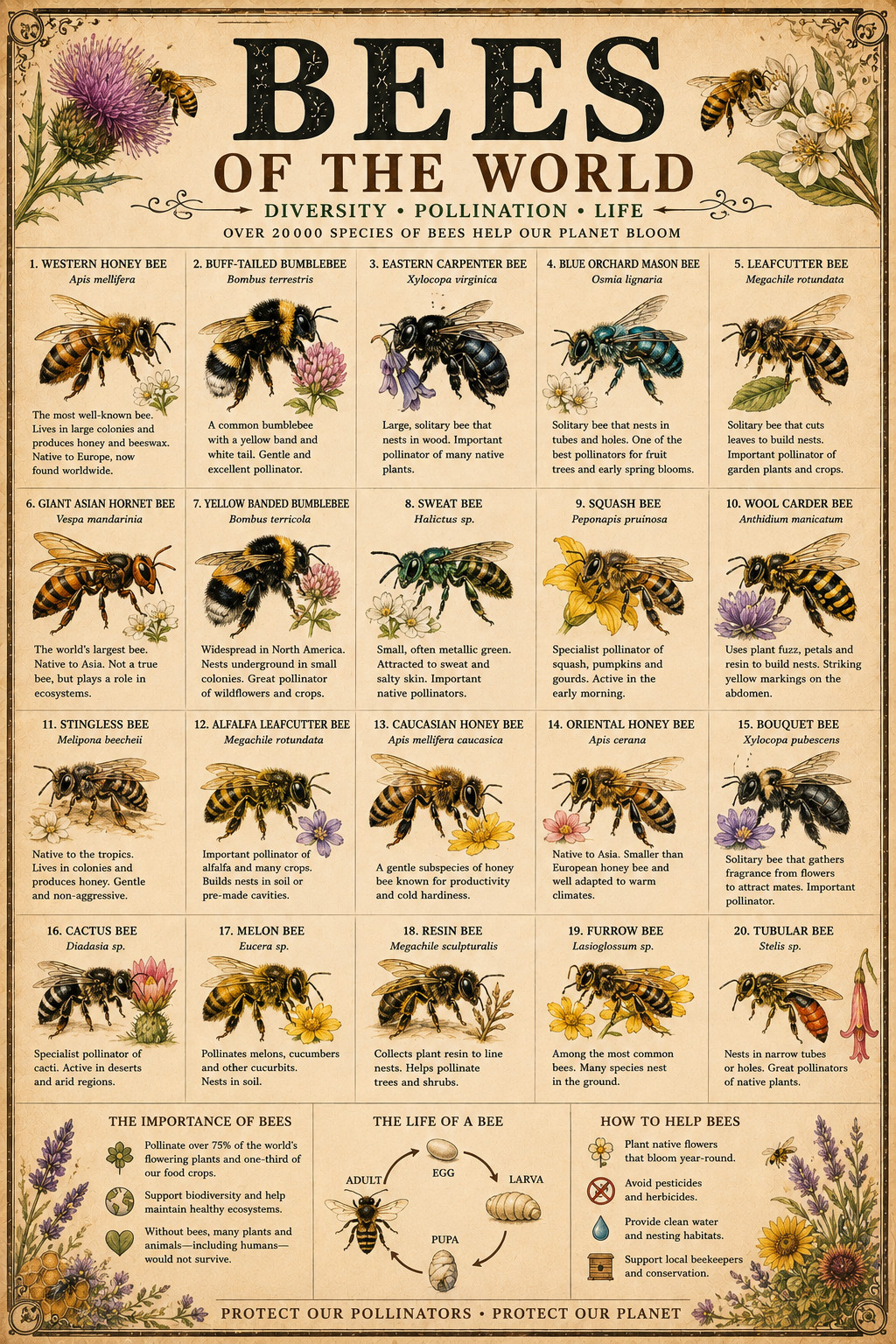 Bees of the World Poster 13x19 – Vintage Bee Species Identification Chart