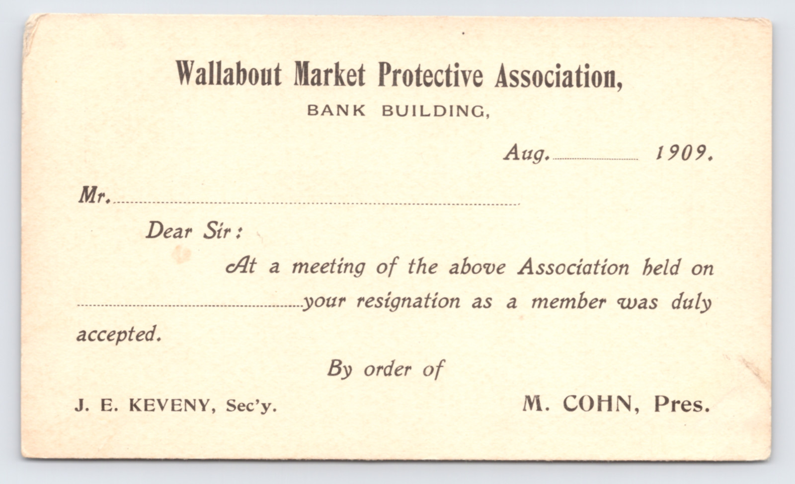 1909 Wallabout Market Protective Association Resignation Postal Card Brooklyn NY