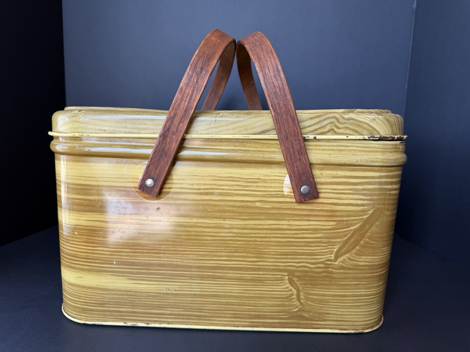 Vintage 1950s Faux Wood Grain Metal Picnic Basket with Wooden Handles