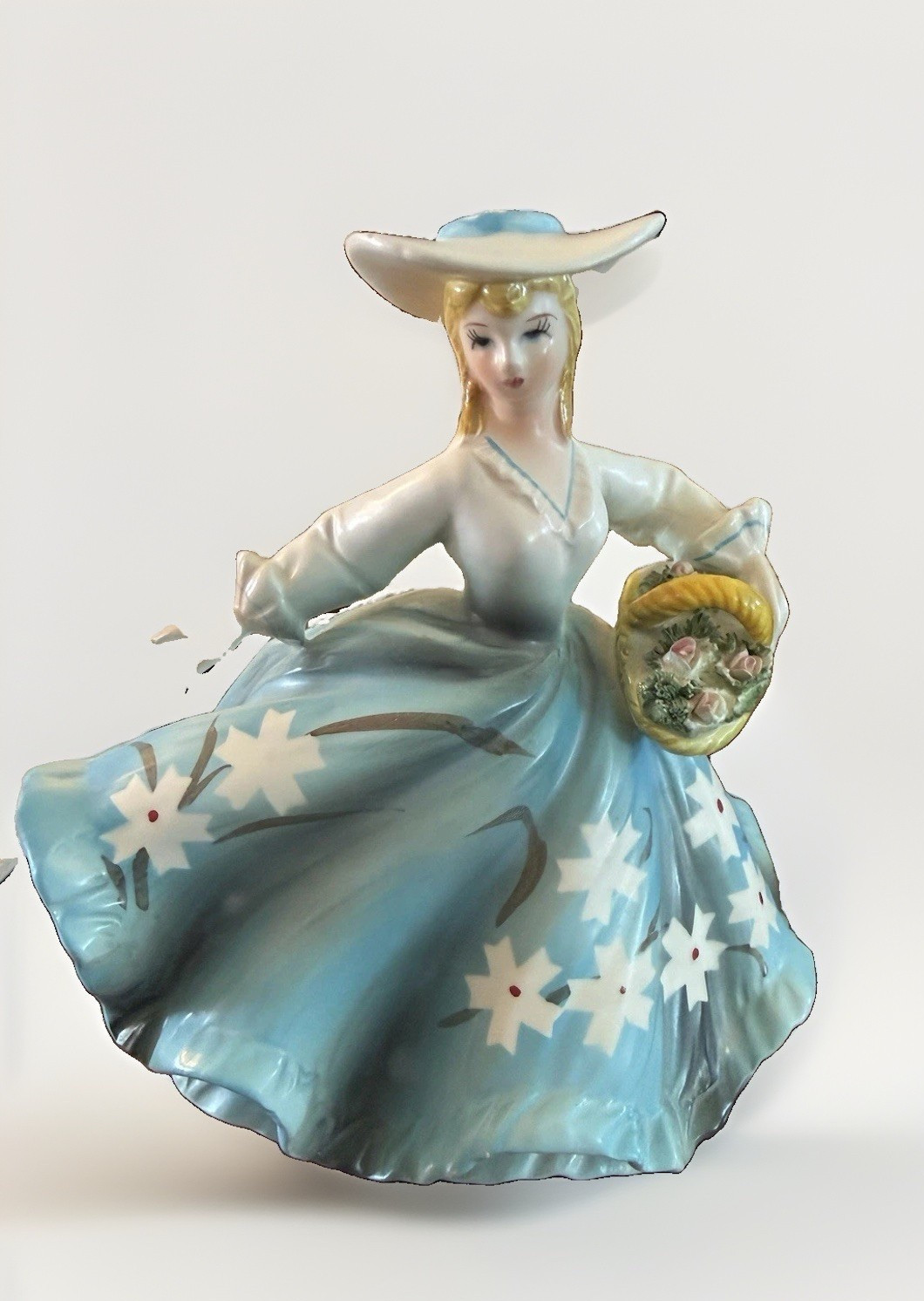 Lefton Lady Planter Figurine 3000/B Blue Dress Flower Basket Sun Hat Vintage Lefton Lady Planter Figurine 3000/B Blue Dress Flower Basket Sun Hat Vintage