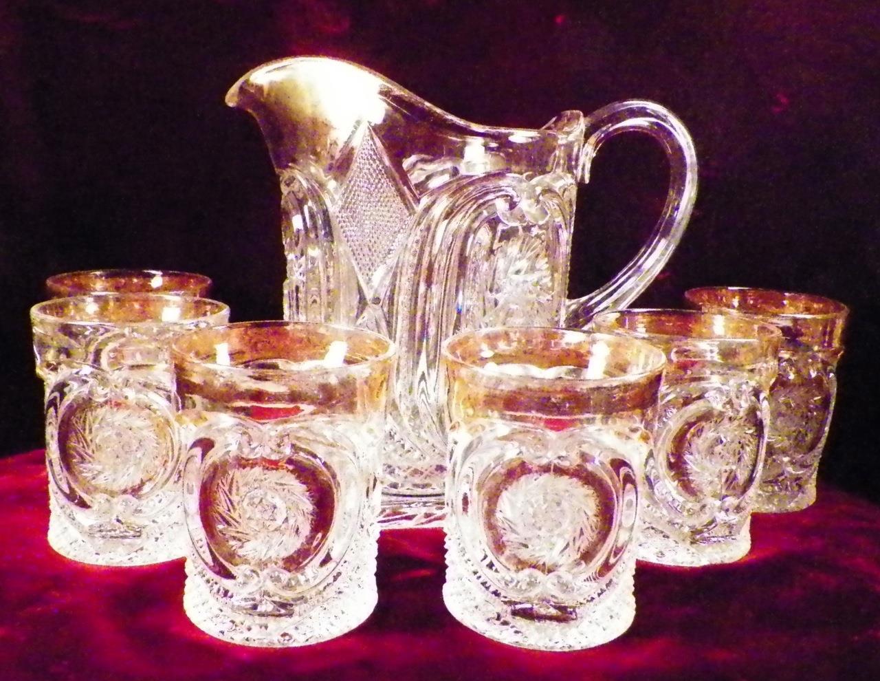 Victoria Water Set U.S. Glass 15107 Buzz Saw in Parenthesis EAPG 1907 Antique