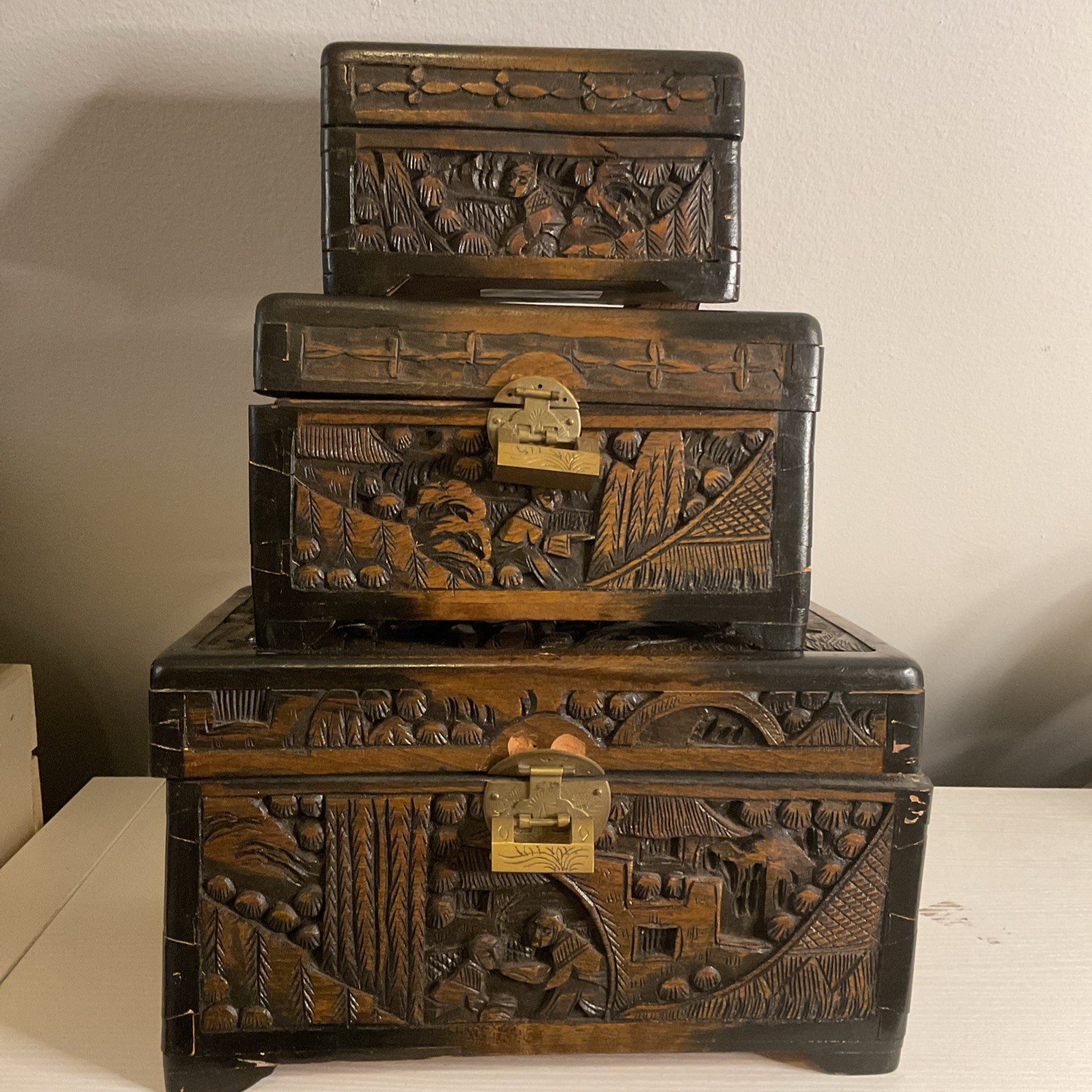  vintage Chinese hand-carved camphor wood chests