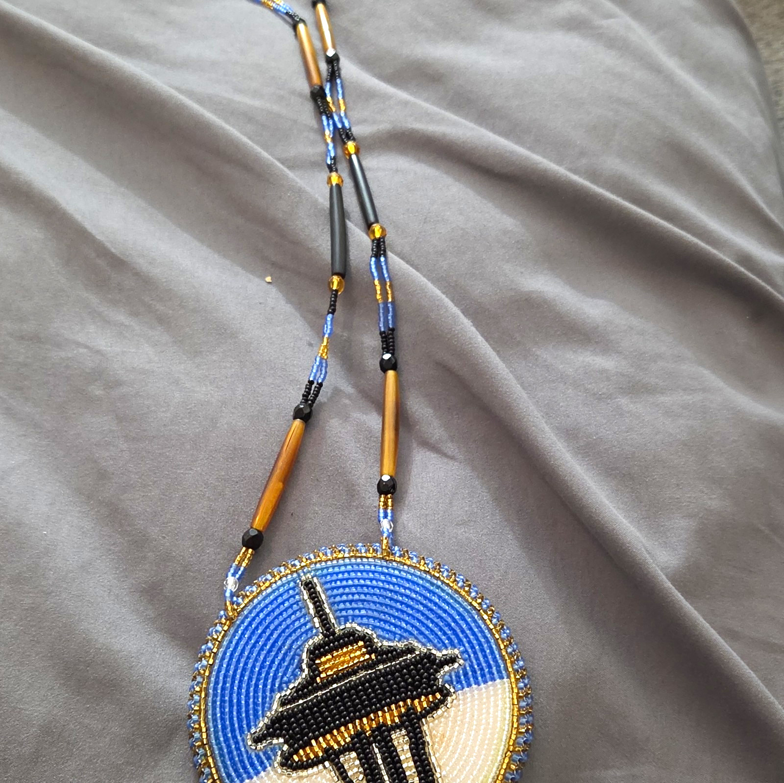 Handmade Beaded Necklace Seattle Space Needle Medallion Pendant Blue Black Gold