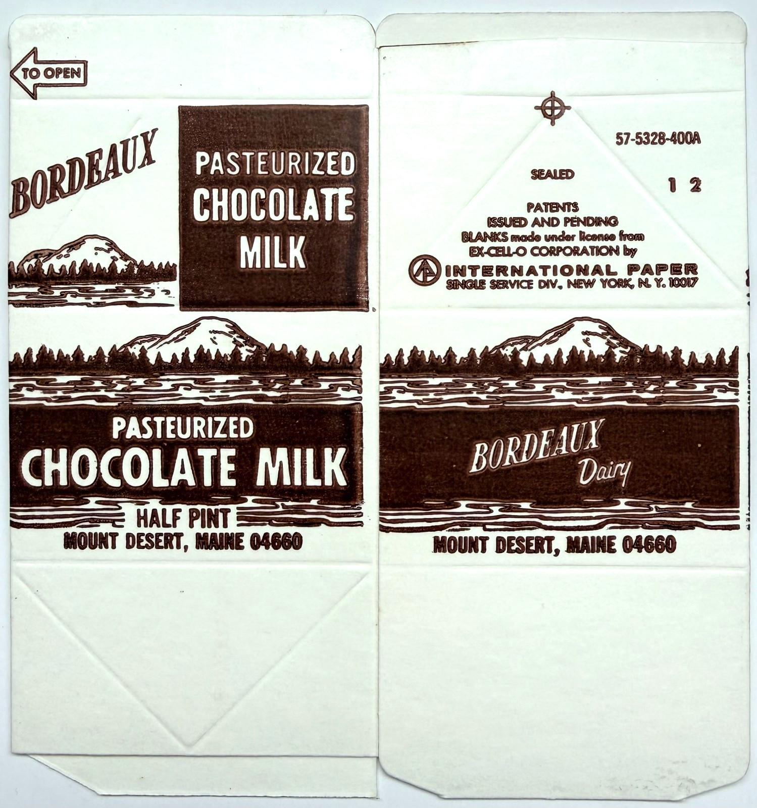 c1970s Bordeaux Dairy Mount Desert Maine Chocolate Milk Carton Unused NOS C