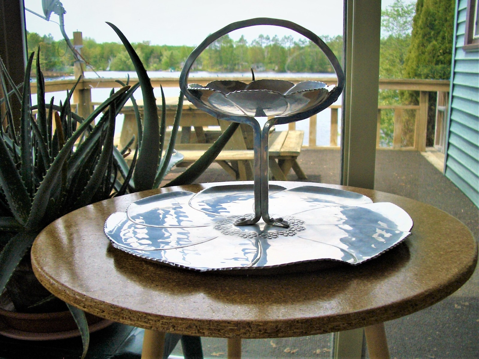 Vintage Exquisite Buenilum Hand Wrought Aluminum 2 Tiered Handled Tray Beautiful