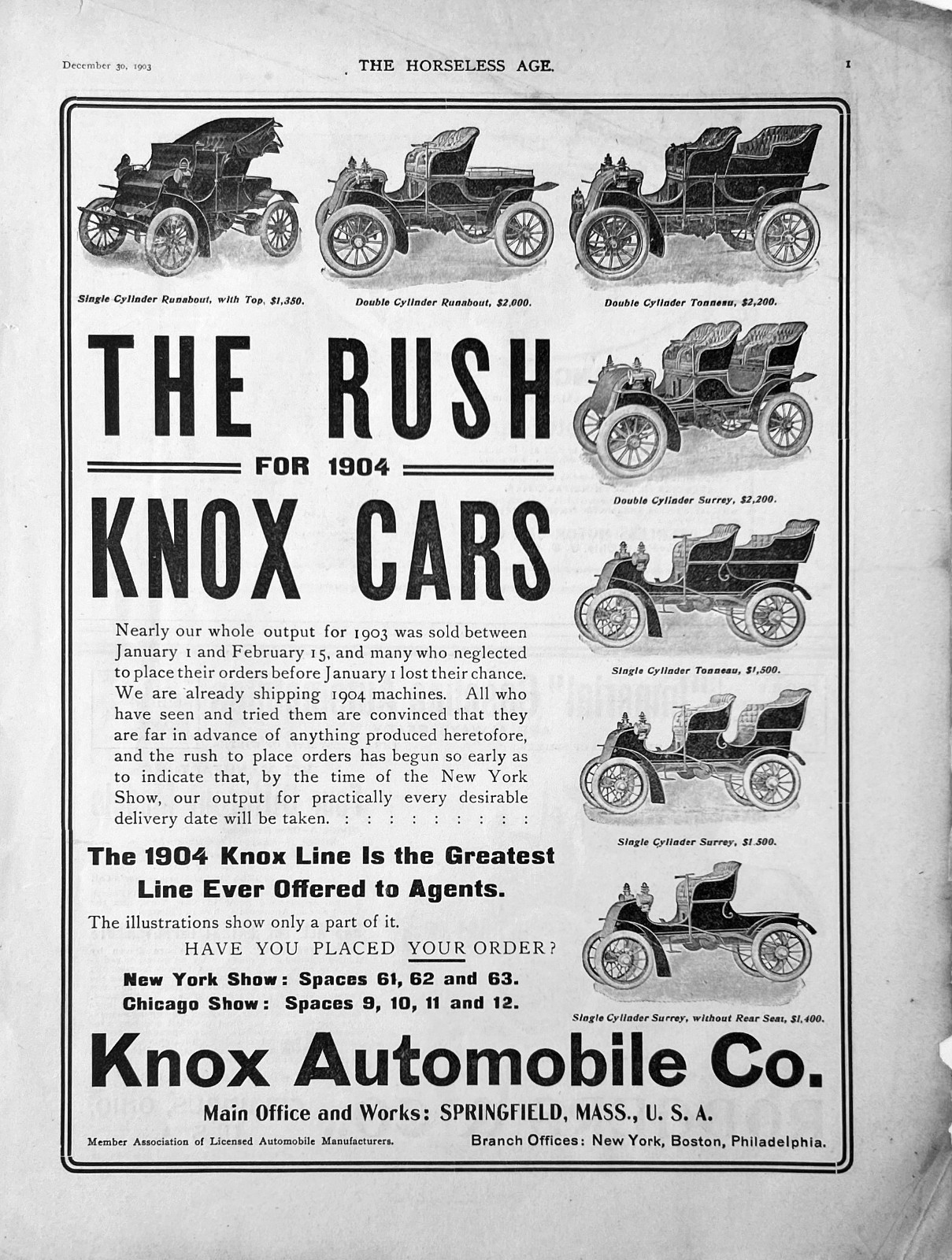 1903 Ad 9  X  12 inches)1904 Knox  Automobile Springfield MA 1 & 2  Cylinders