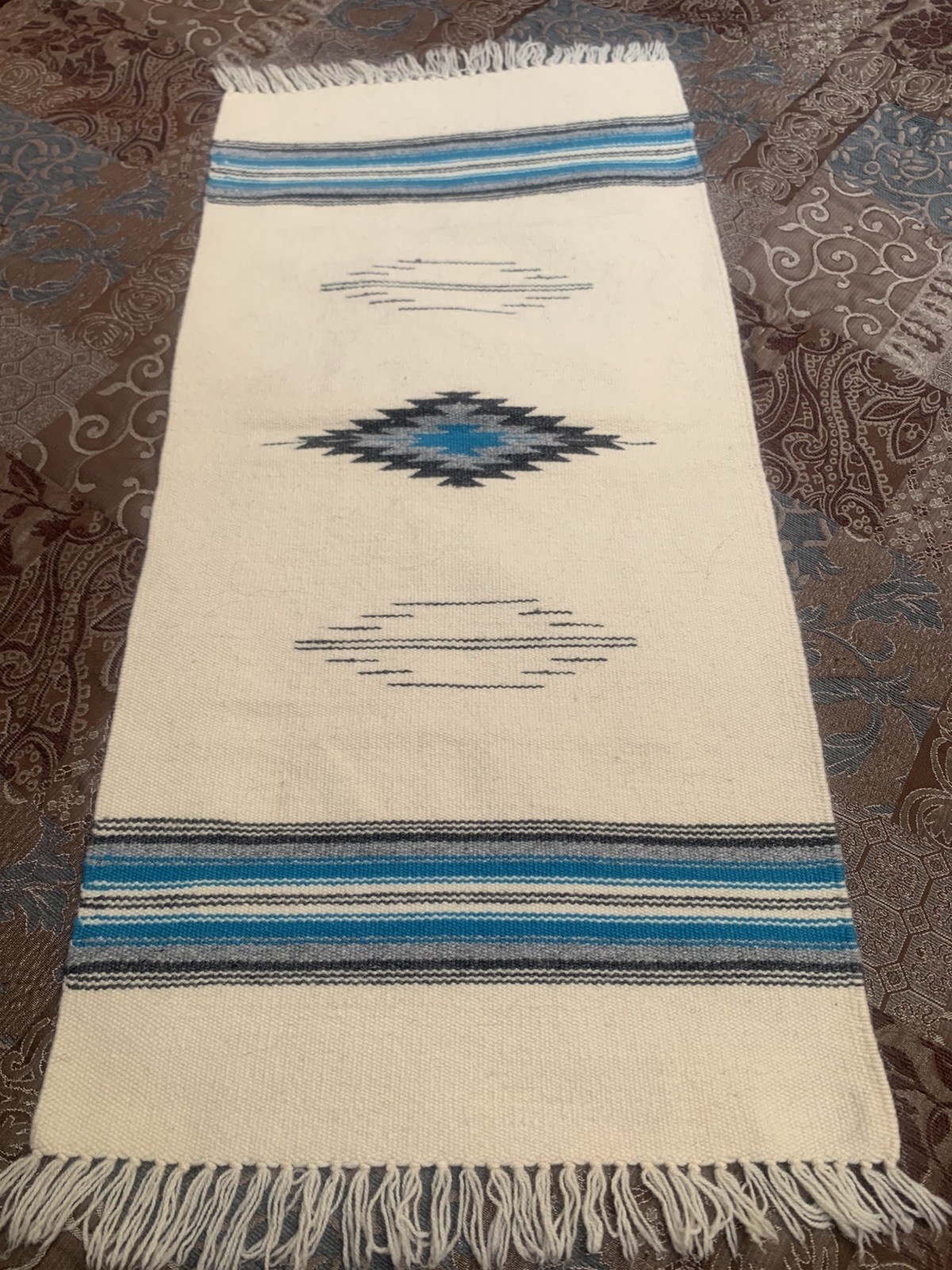 Ortegas Weaving Shop Chimayo NM 100% Wool Hand Woven Rug Cream Turquoise 38x18