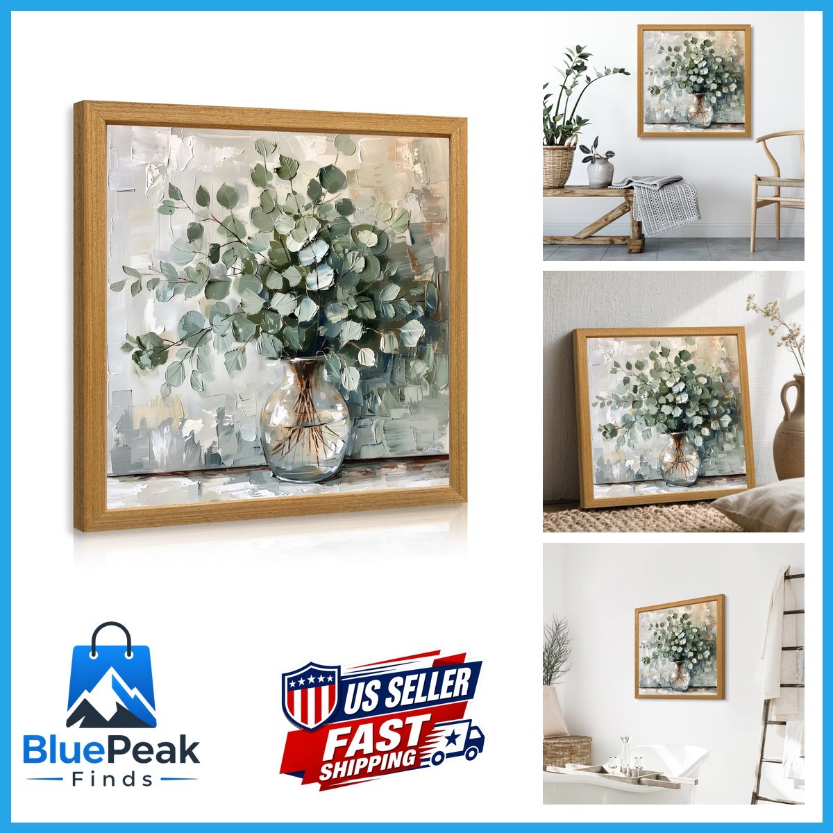 Hianan Wood Framed Farmhouse Sage Eucalyptus Leaf Wall Art 20x20 In