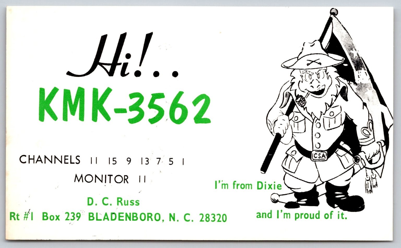 Vintage CB Radio QSL Postcard KMK-3562 Bladenboro NC Dixie Art C59