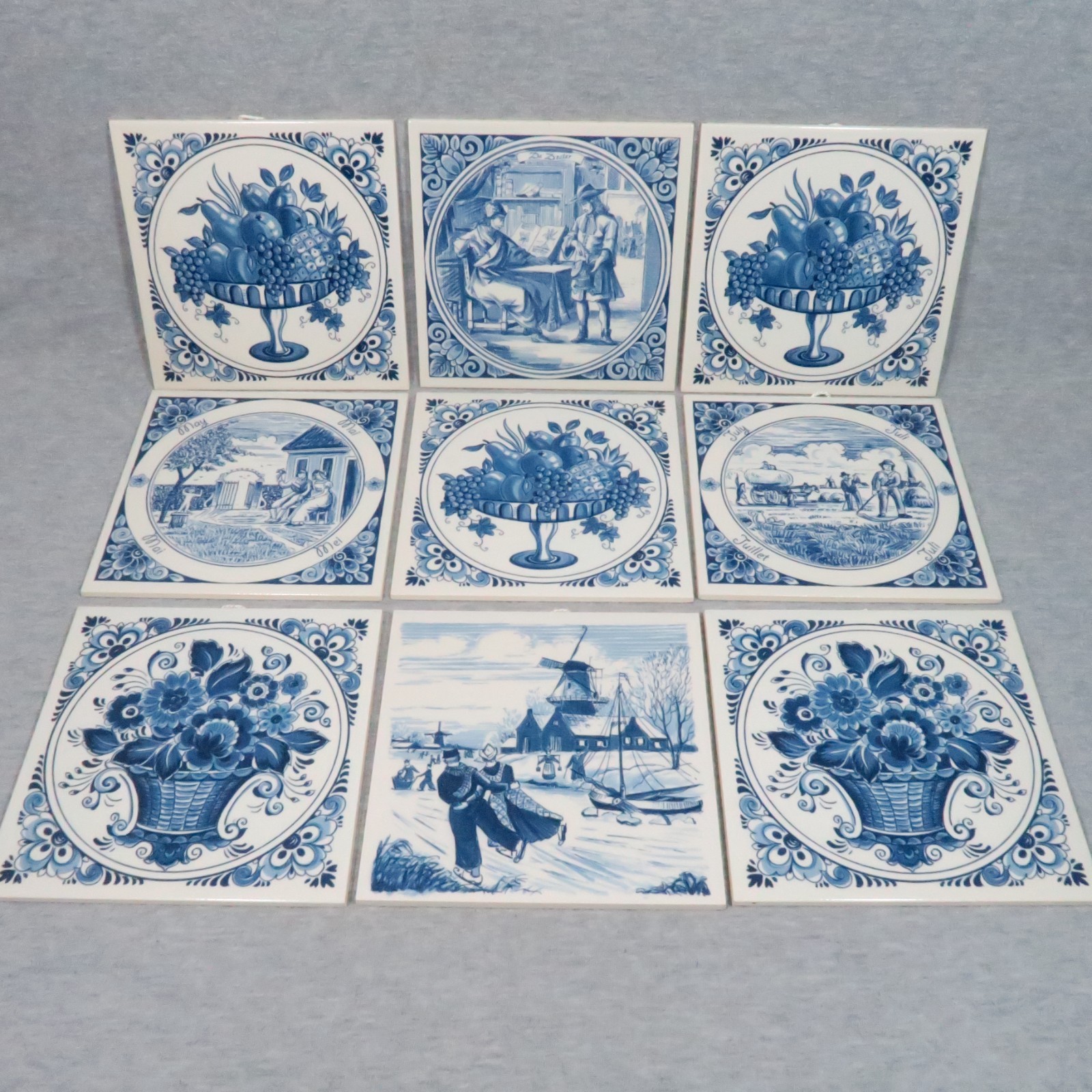 9 Vtg Schoonhoven Ceramic Tiles Trivets Delft Blue Fruit Flower Baskets Windmill