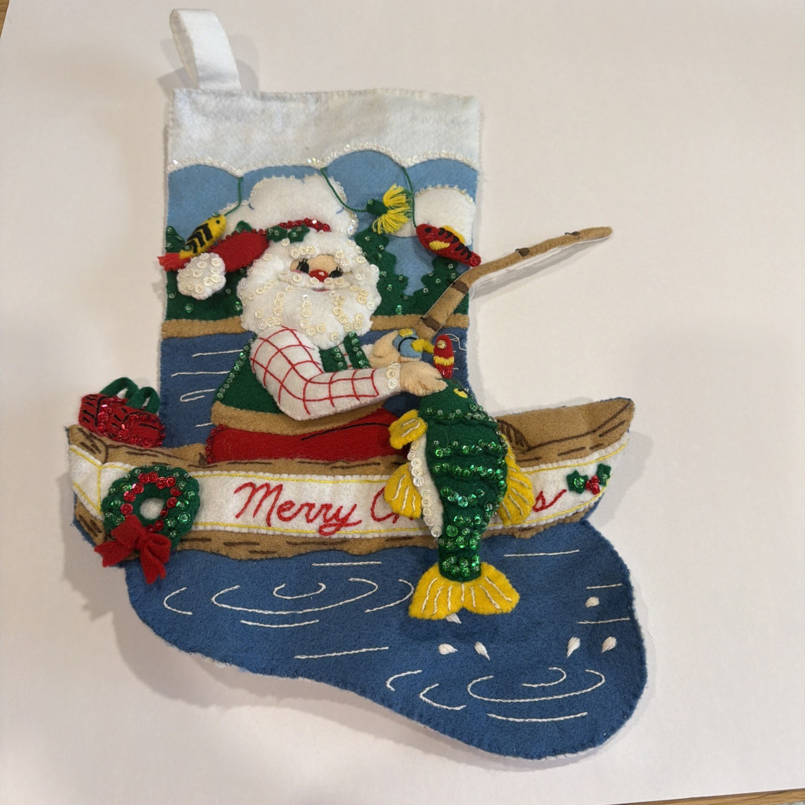 Vintage Bucilla Fishing Santa #83658 Felt Christmas Stocking Finished Complete
