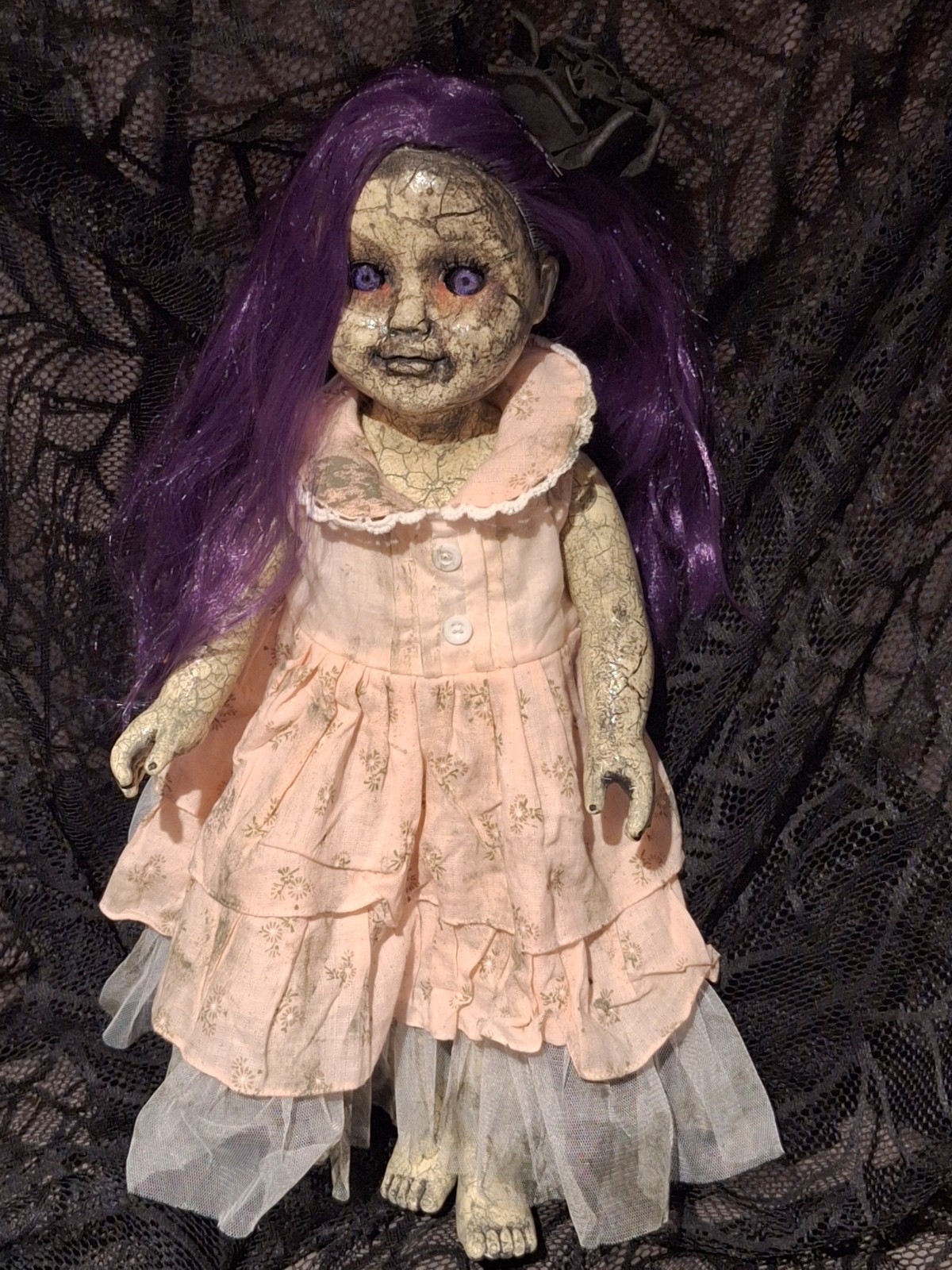 OOAK Creepy Doll 18 In Tall Halloween Prop Handmade Purple Hair Eyes