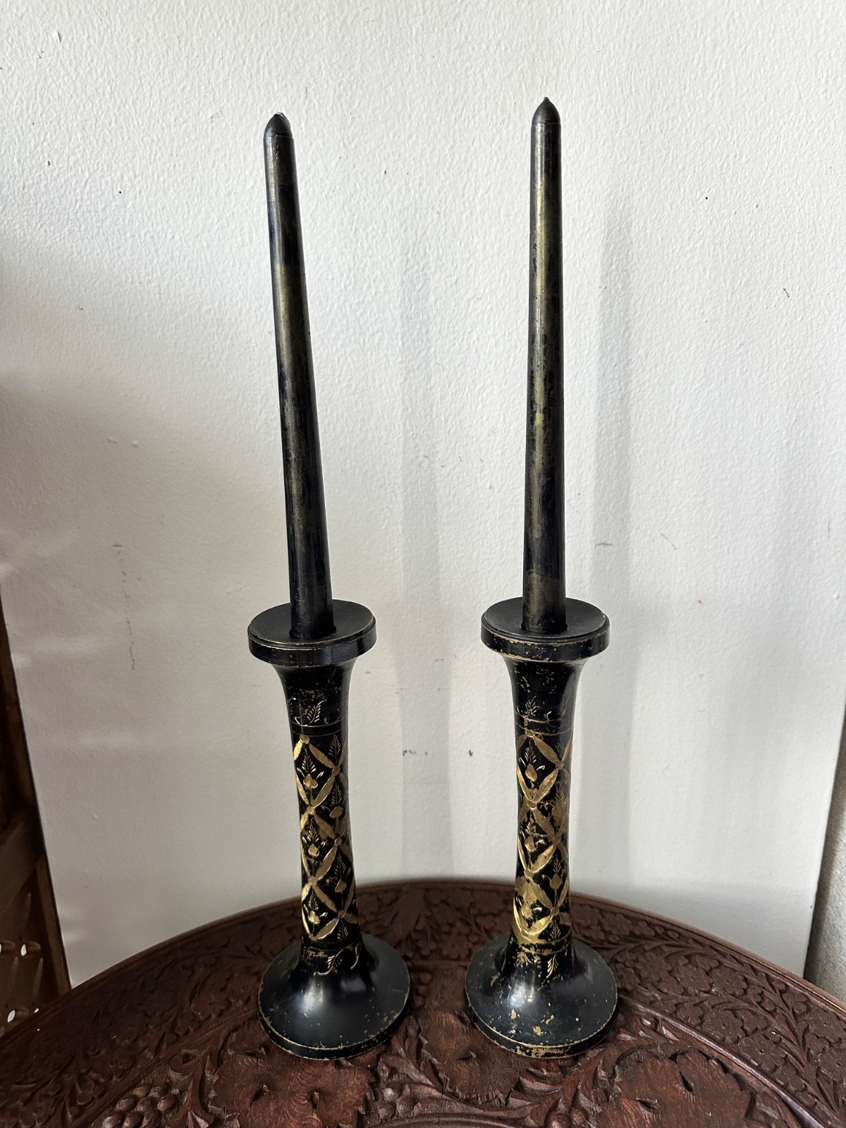 Vintage Brass Black Gold Candlestick Holders Set of 2 Gothic Halloween Decor Vintage Brass Black Gold Candlestick Holders Set of 2 Gothic Halloween Decor
