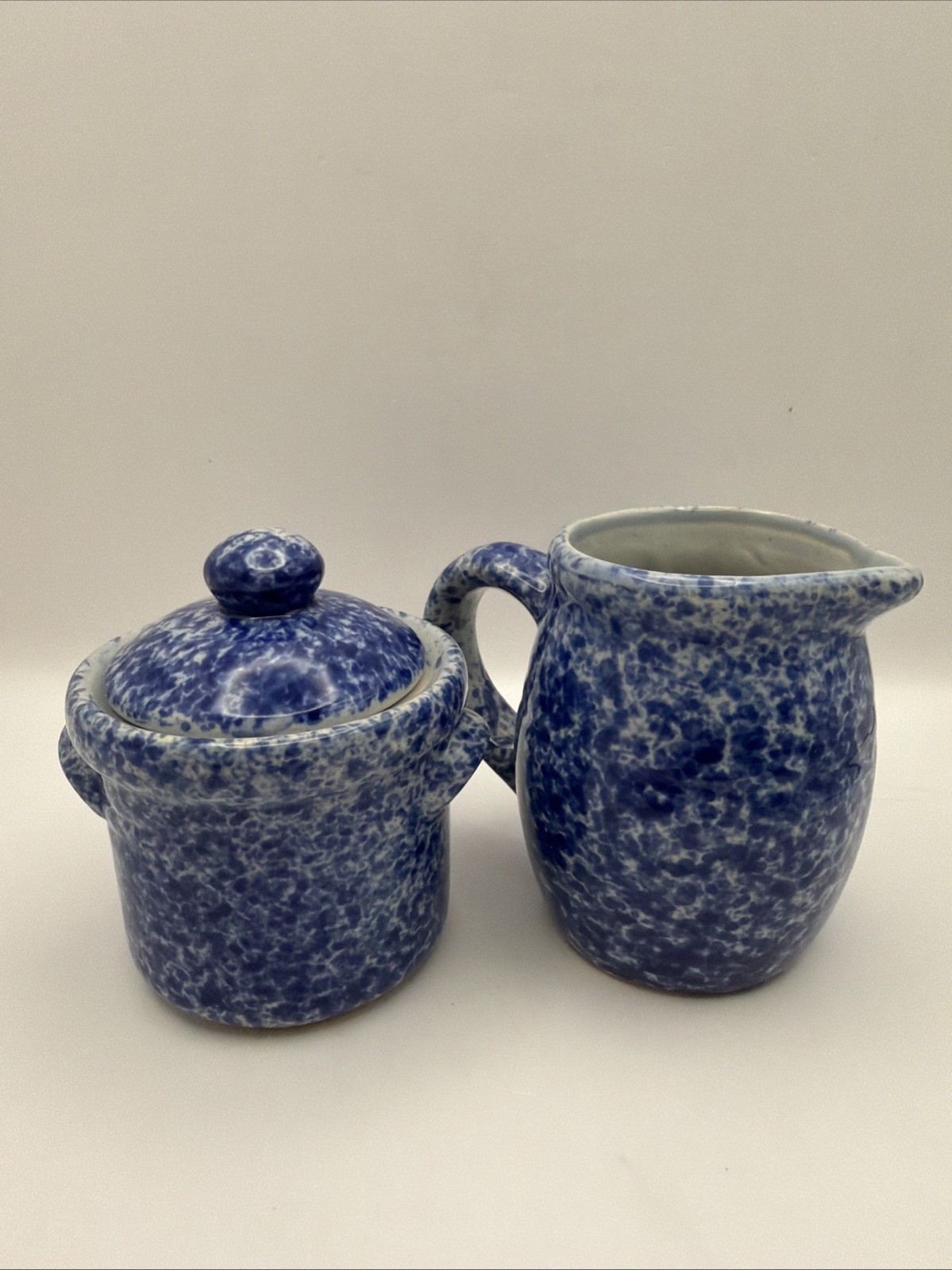 Blue Spongeware Sugar Bowl & Creamer Set - Small