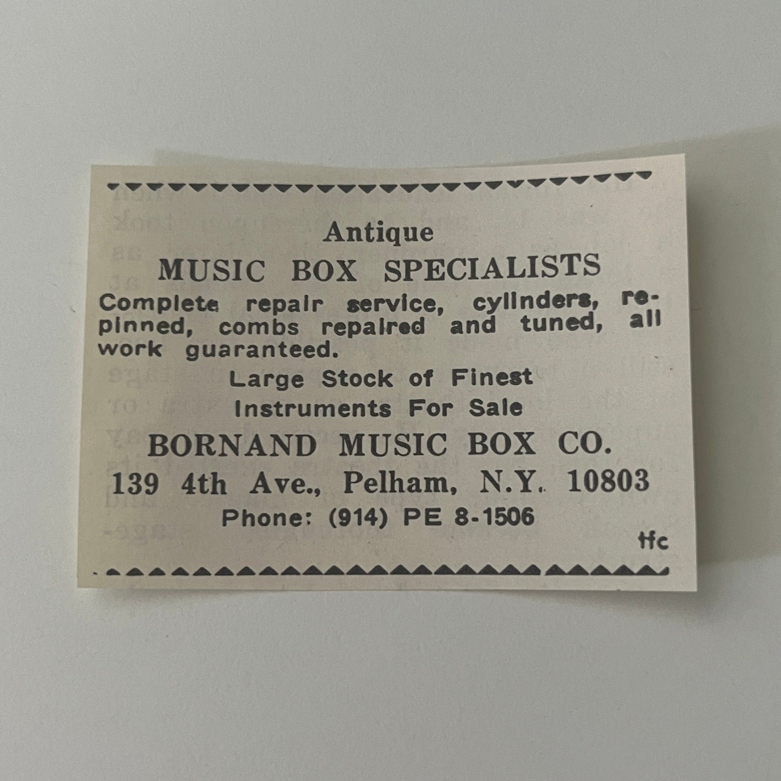 Bornand Music Box Co Antique Music Box Specialists Pelham NY 1973 Ad SAI4-S81