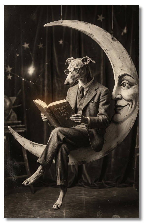 Vintage‑STYLE  ART  RPPC-GREYHOUND DOG READING BOOK ON PAPER MOON-FAUX PHOTO