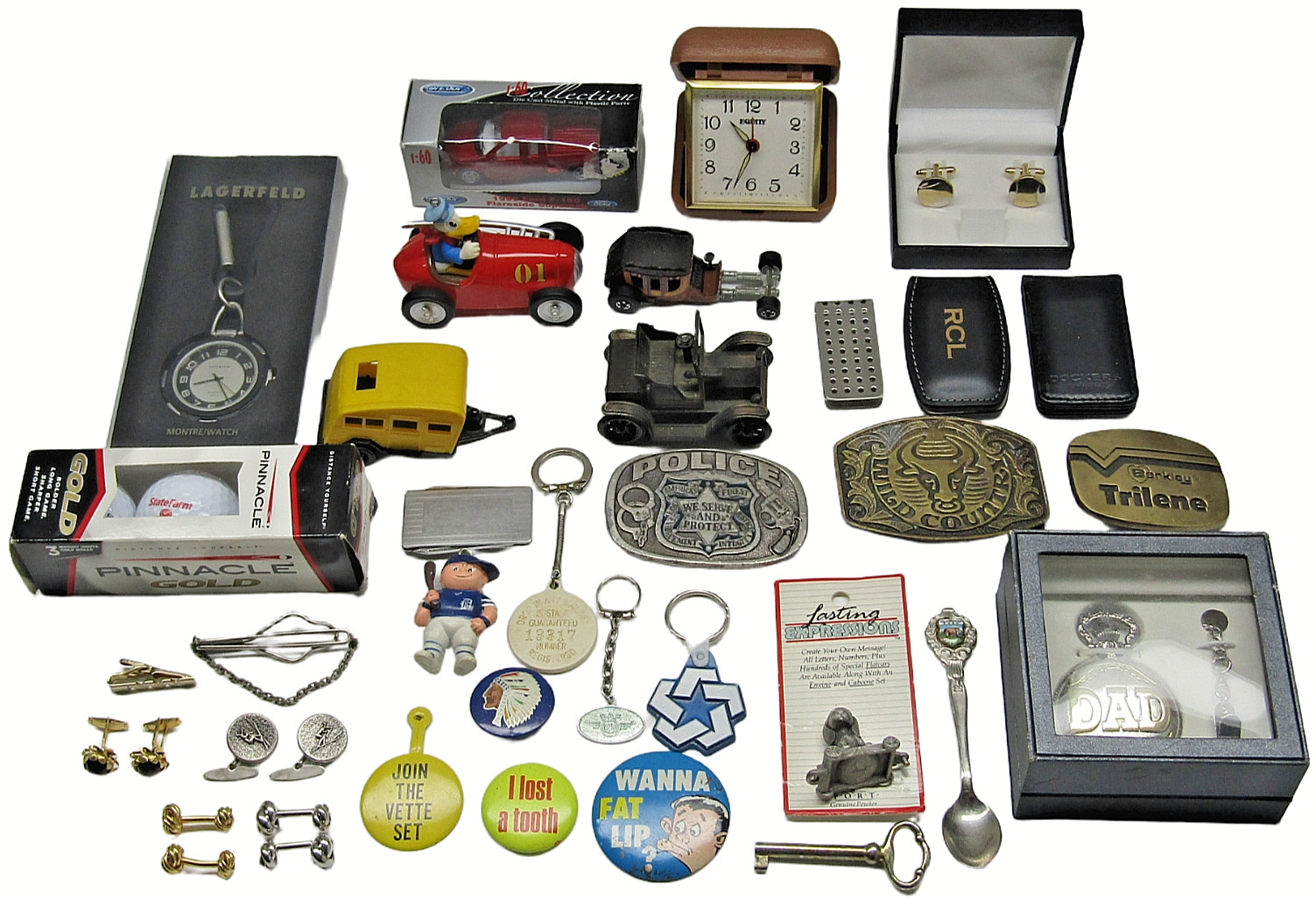 Vintage Grandpa Collectible Lot 38 Toys Cufflinks Keychains Belt Buckles & More
