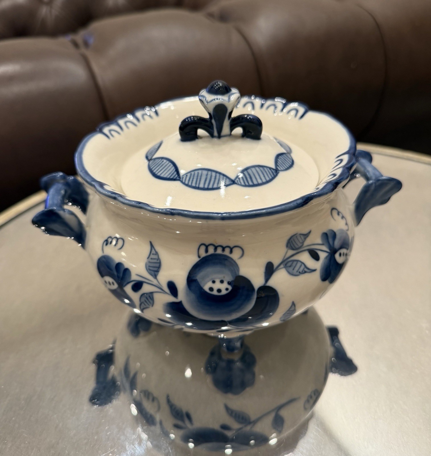 Authentic Gzhel Imperial Russian Porcelain Blue & White Sugar Bowl - Vintage