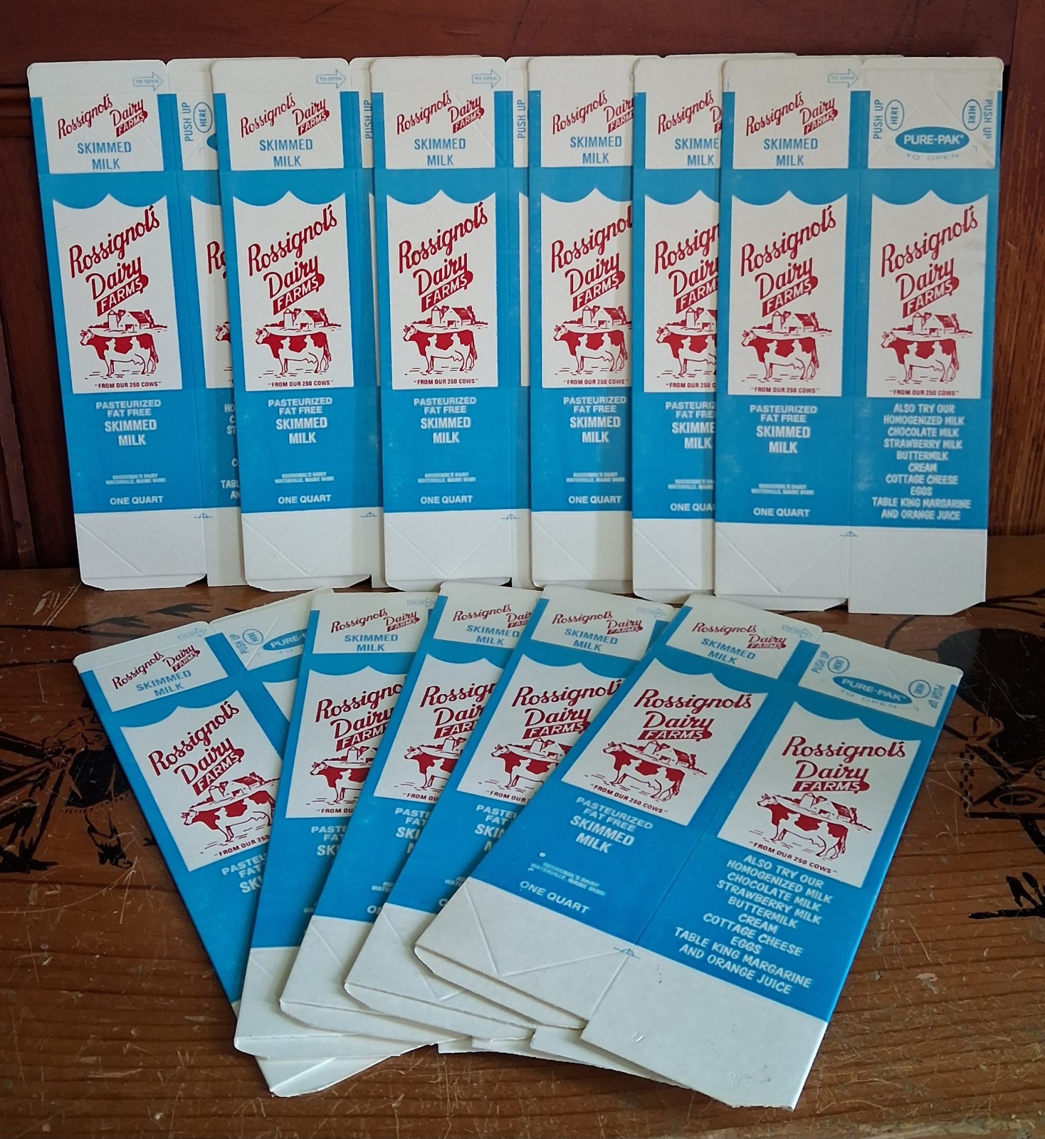 Vintage Lot of 11 Rossignols Dairy Farms Skimmed Milk Carton Quart Waterville ME