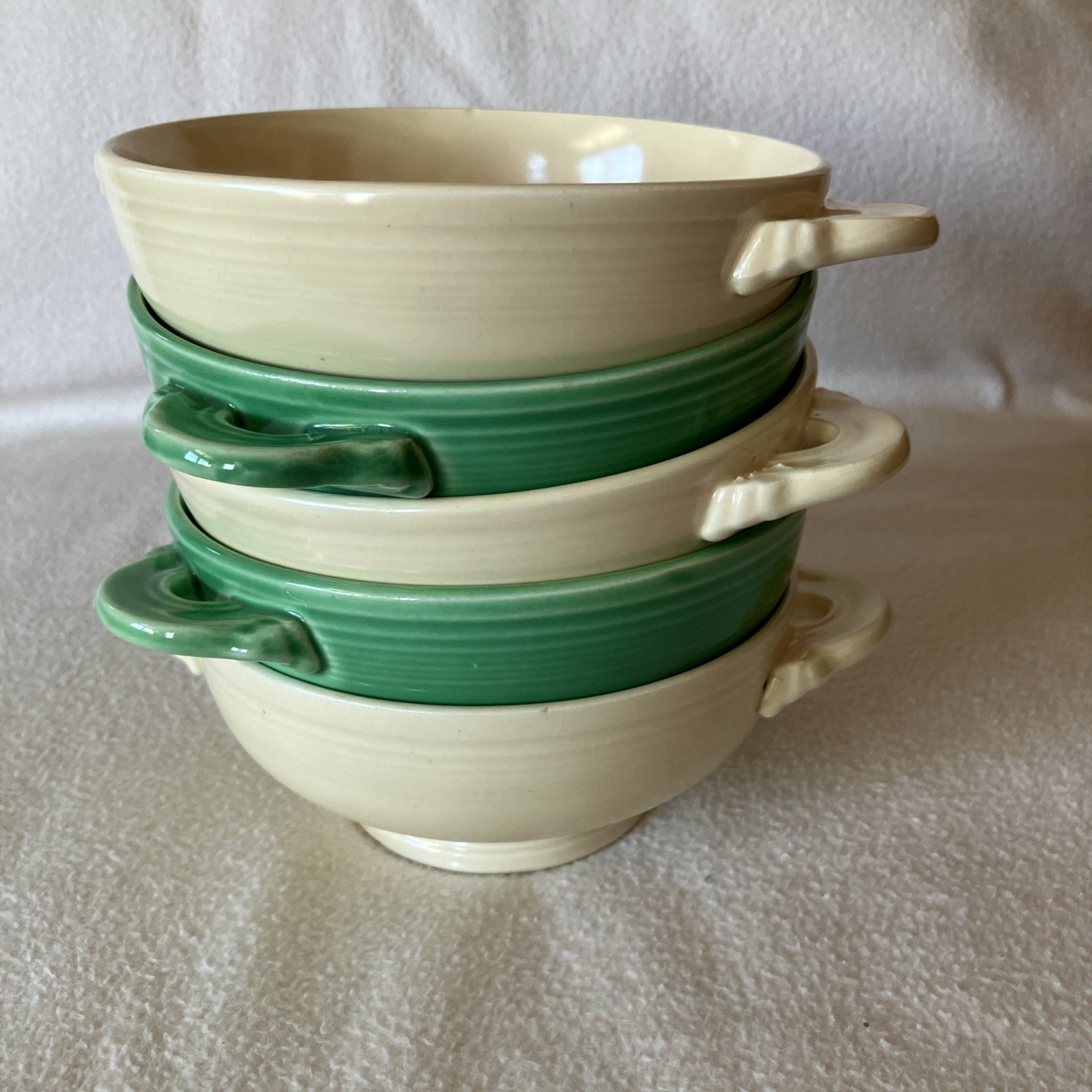 FIESTAWARE Handled & Footed Soup Bowls: 3 ivory, 2 light green