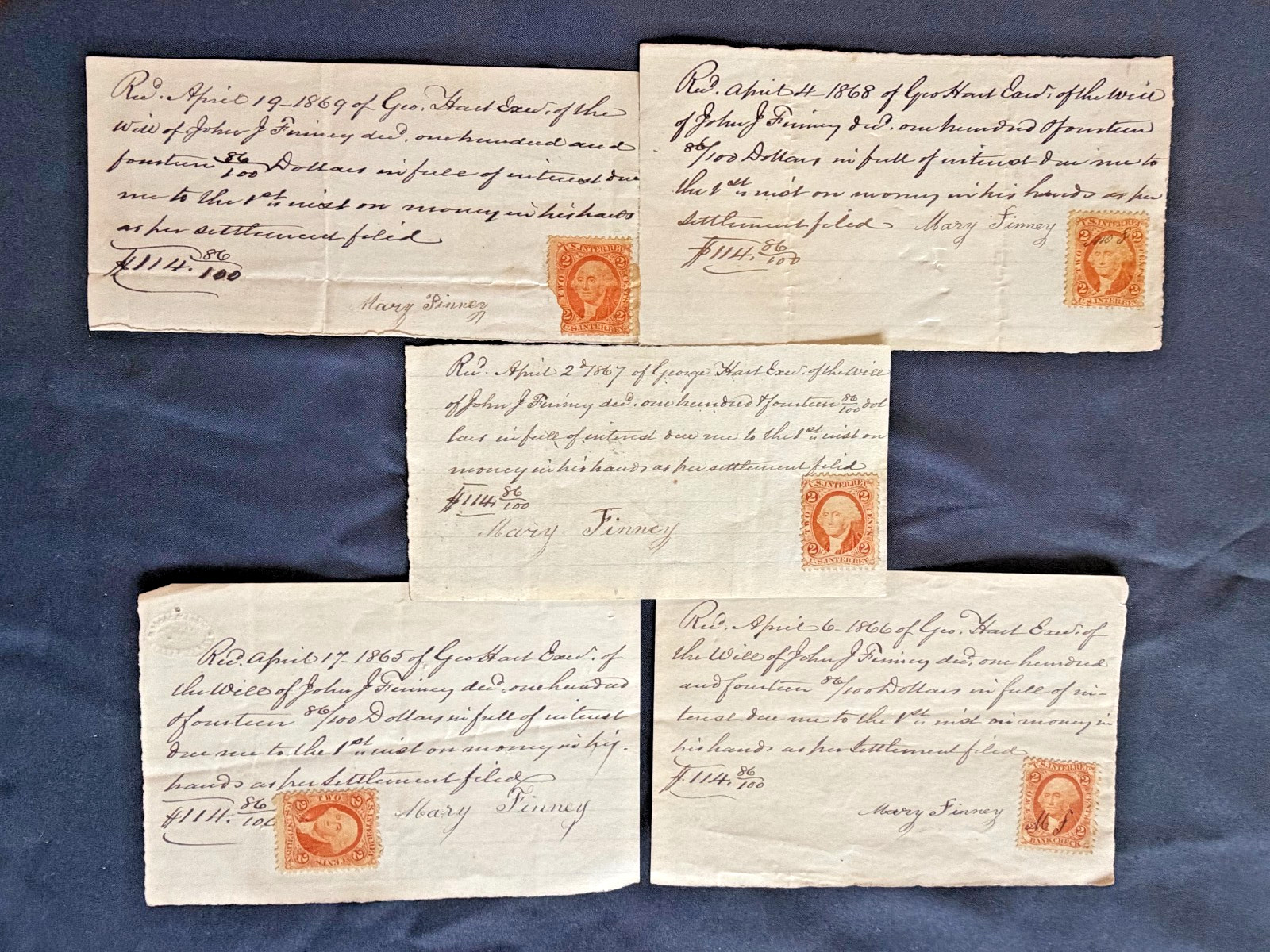 1865 1866 1867 1868 1869 Civil War Era Receipt Lot 5 w Revenue Stamp Hart Finney
