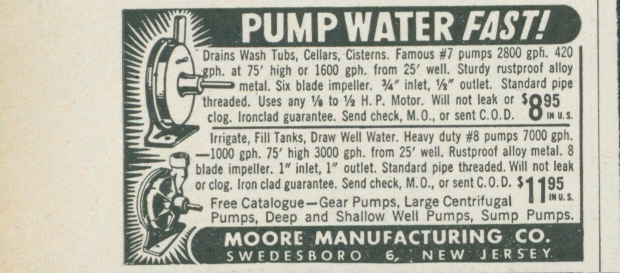 1955 Moore Manufacturing Pump Water Fast Wash Tubs Irrigate Vintage Print Ad FJ1