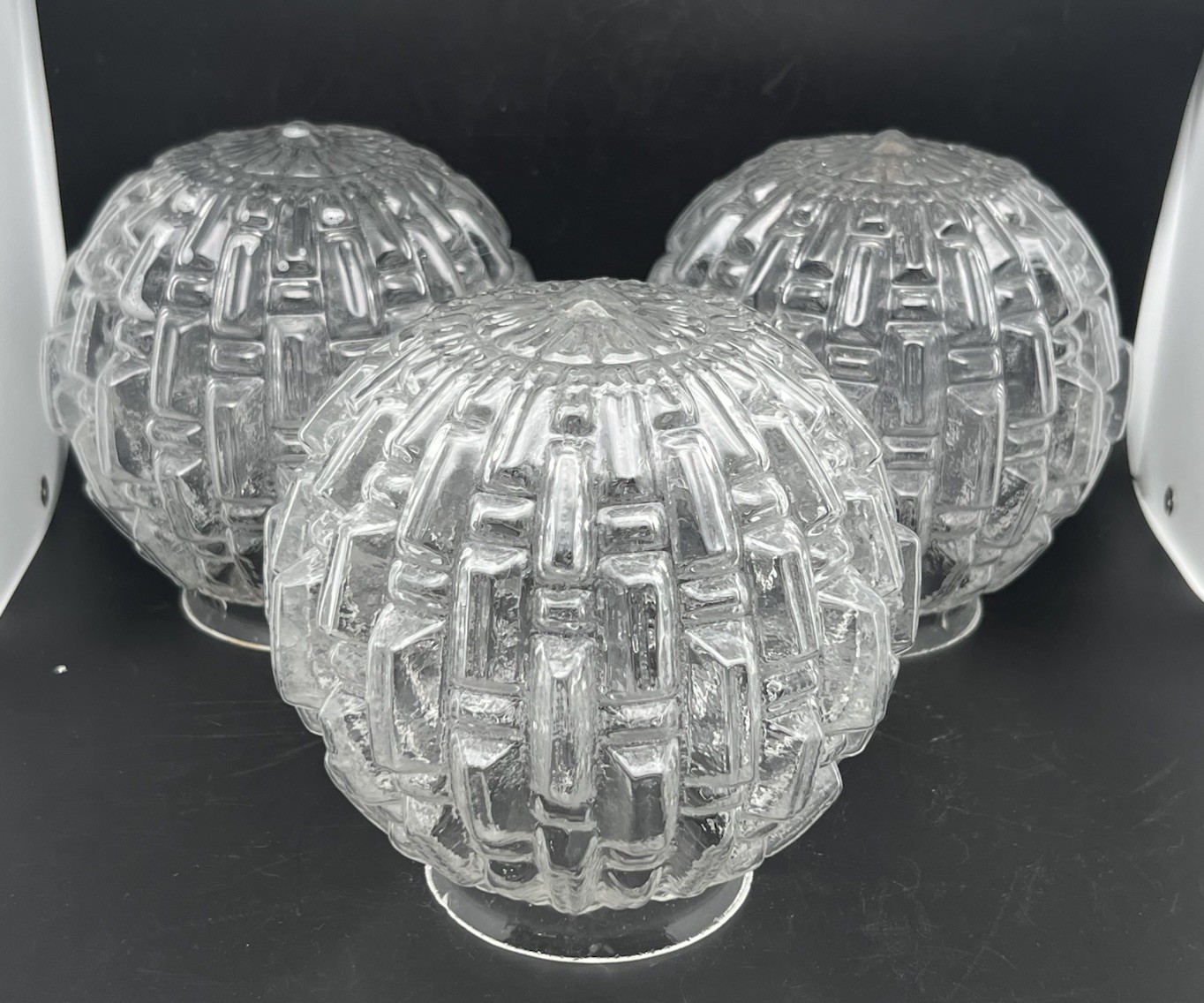 Vintage Clear Glass Round Light Shades Globe Geometric MCM Set of 3 Read