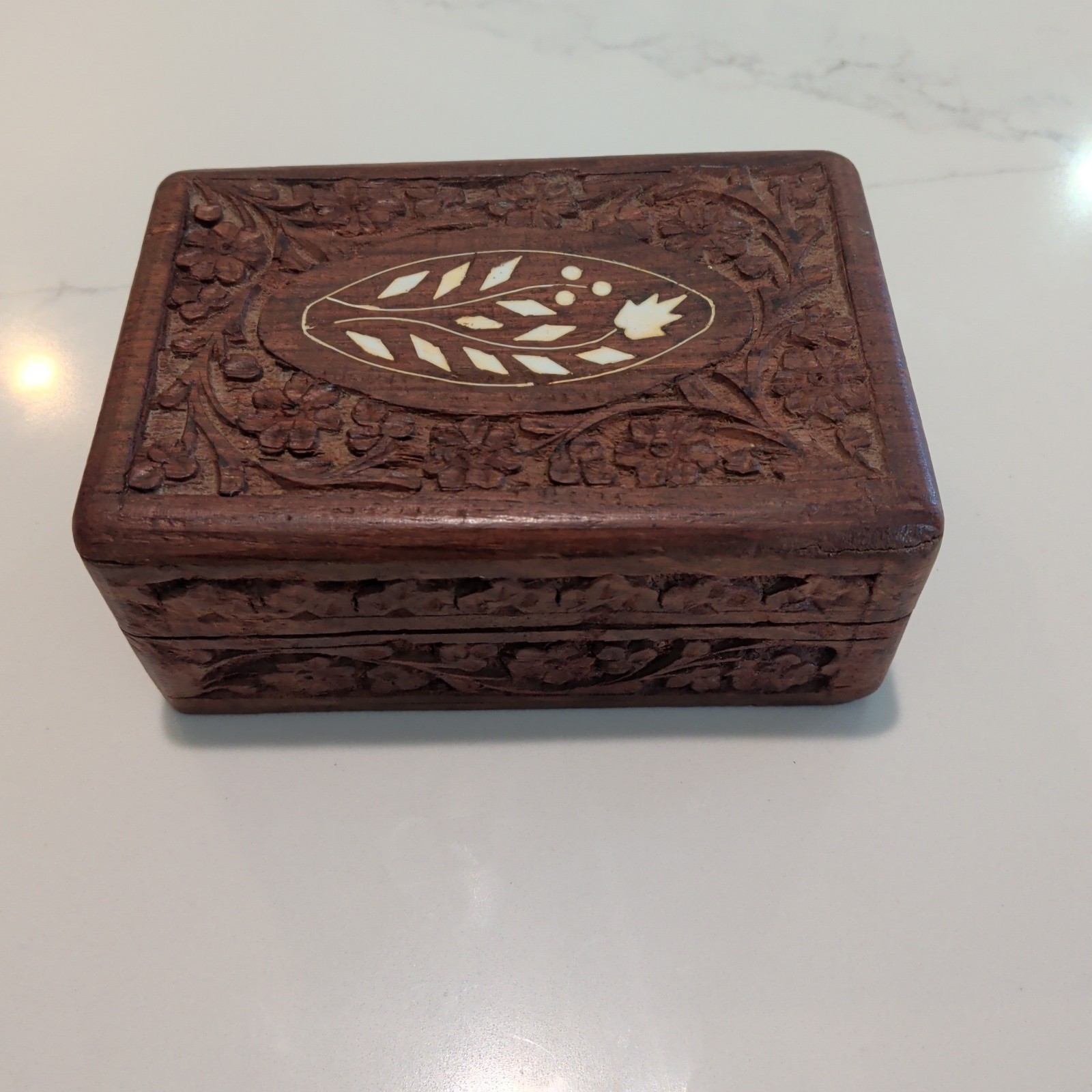 Hand Carved Wood TRINKET BOX With Ivory Inlay