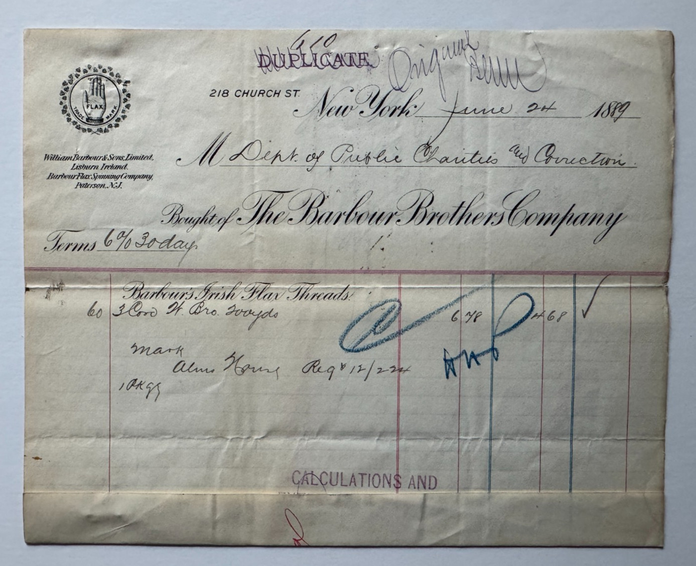 Vintage 1889 Billhead New York Barbour Brothers Company 218 Church Street NYC